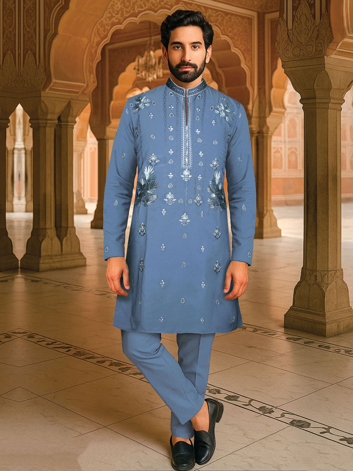Blue Sequins Work Party Kurta Pyjama Set