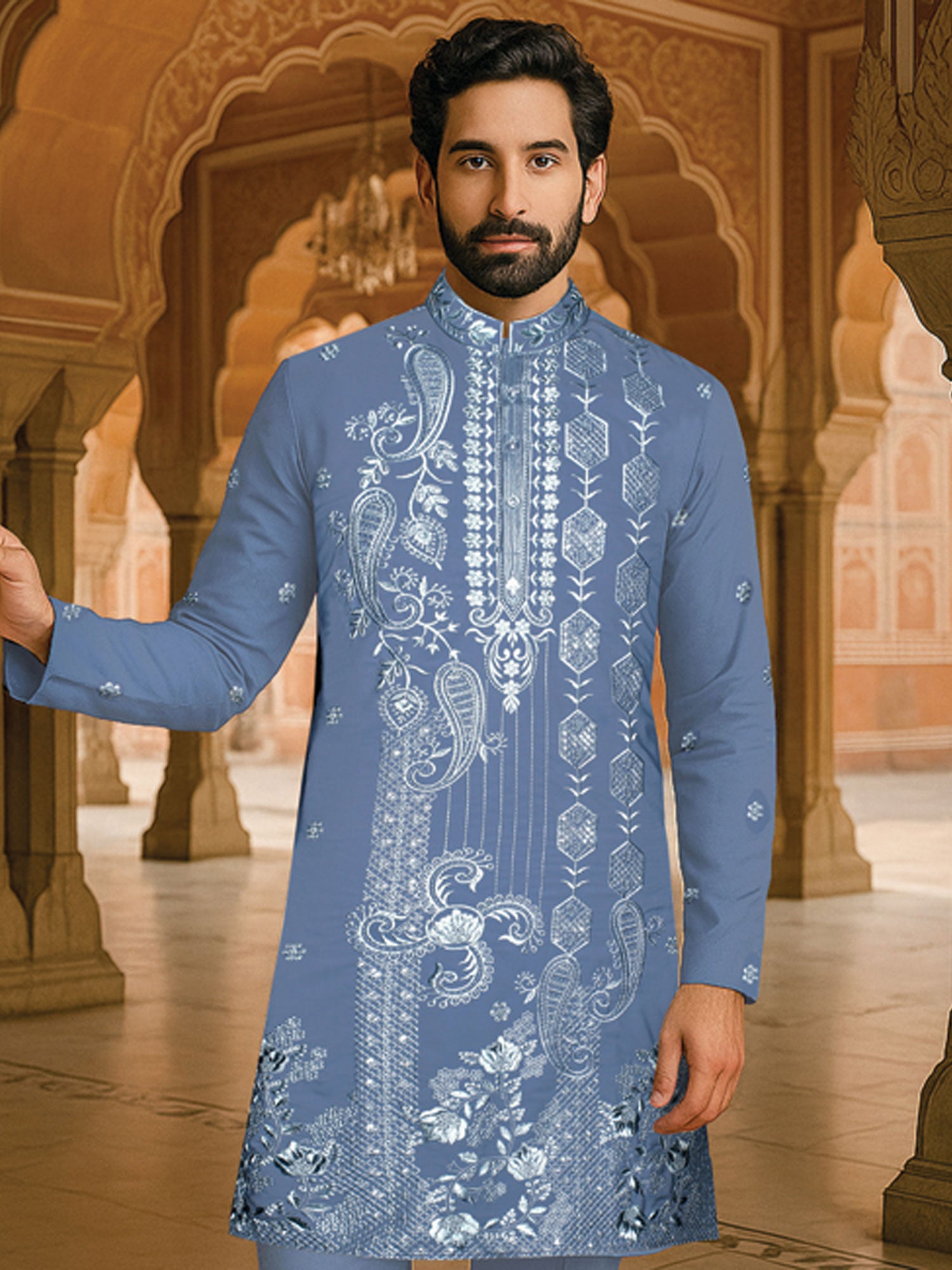 Blue Men's Kurta Set In Sequins Embellishment