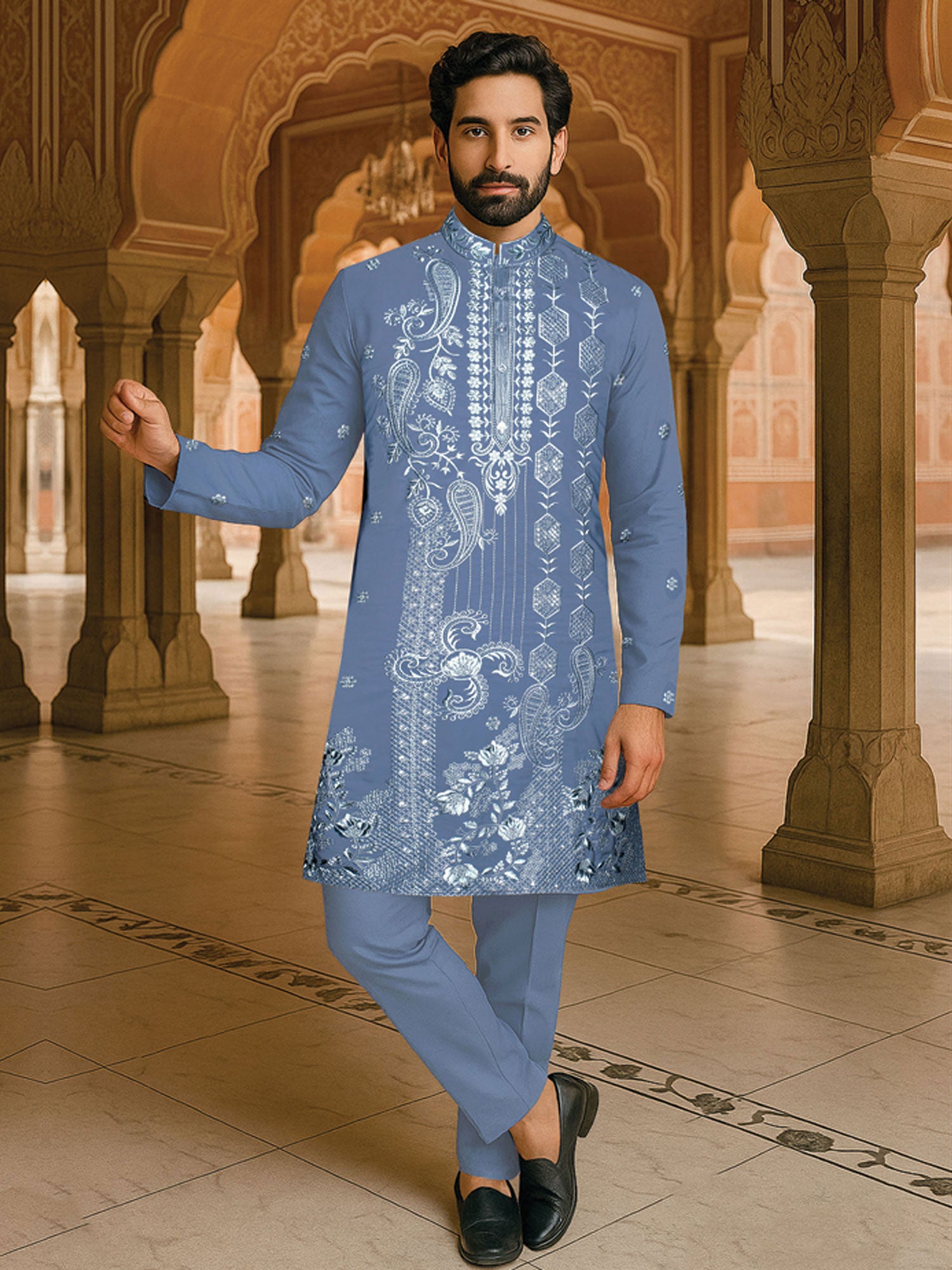 Blue Men's Kurta Set In Sequins Embellishment