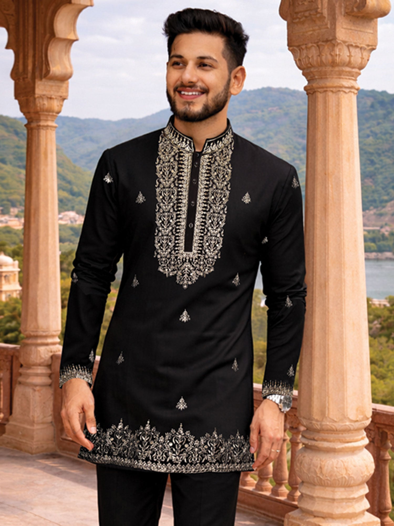 Black Embroidered Readymade Men's Kurta Pyjama