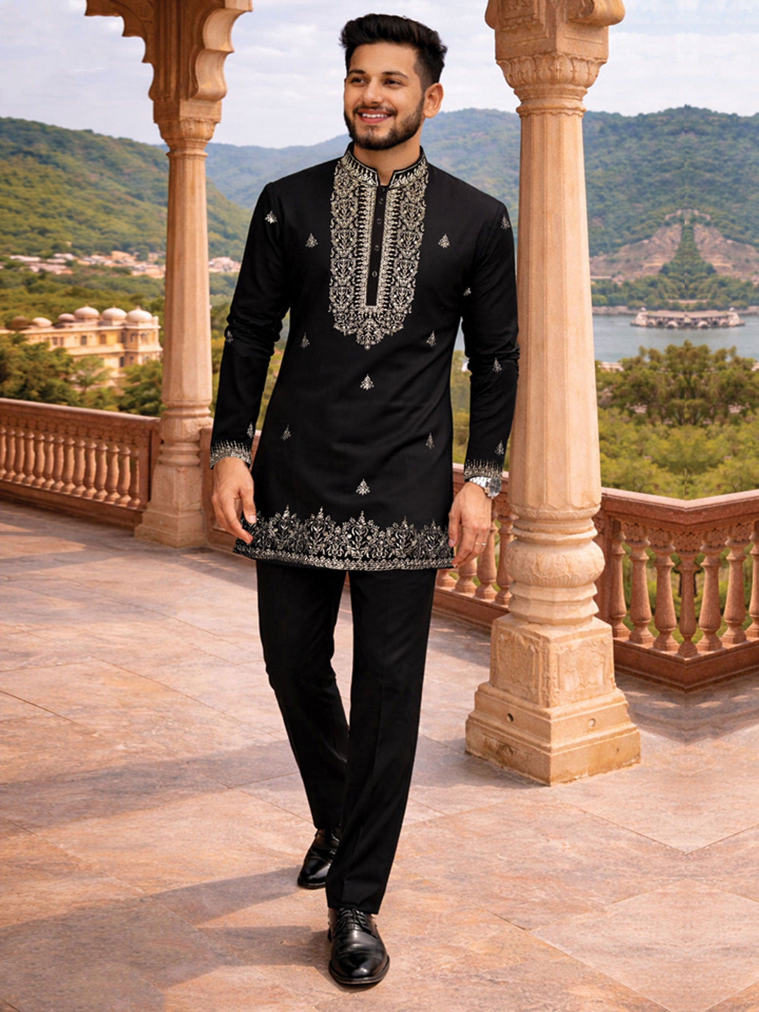 Black Embroidered Readymade Men's Kurta Pyjama