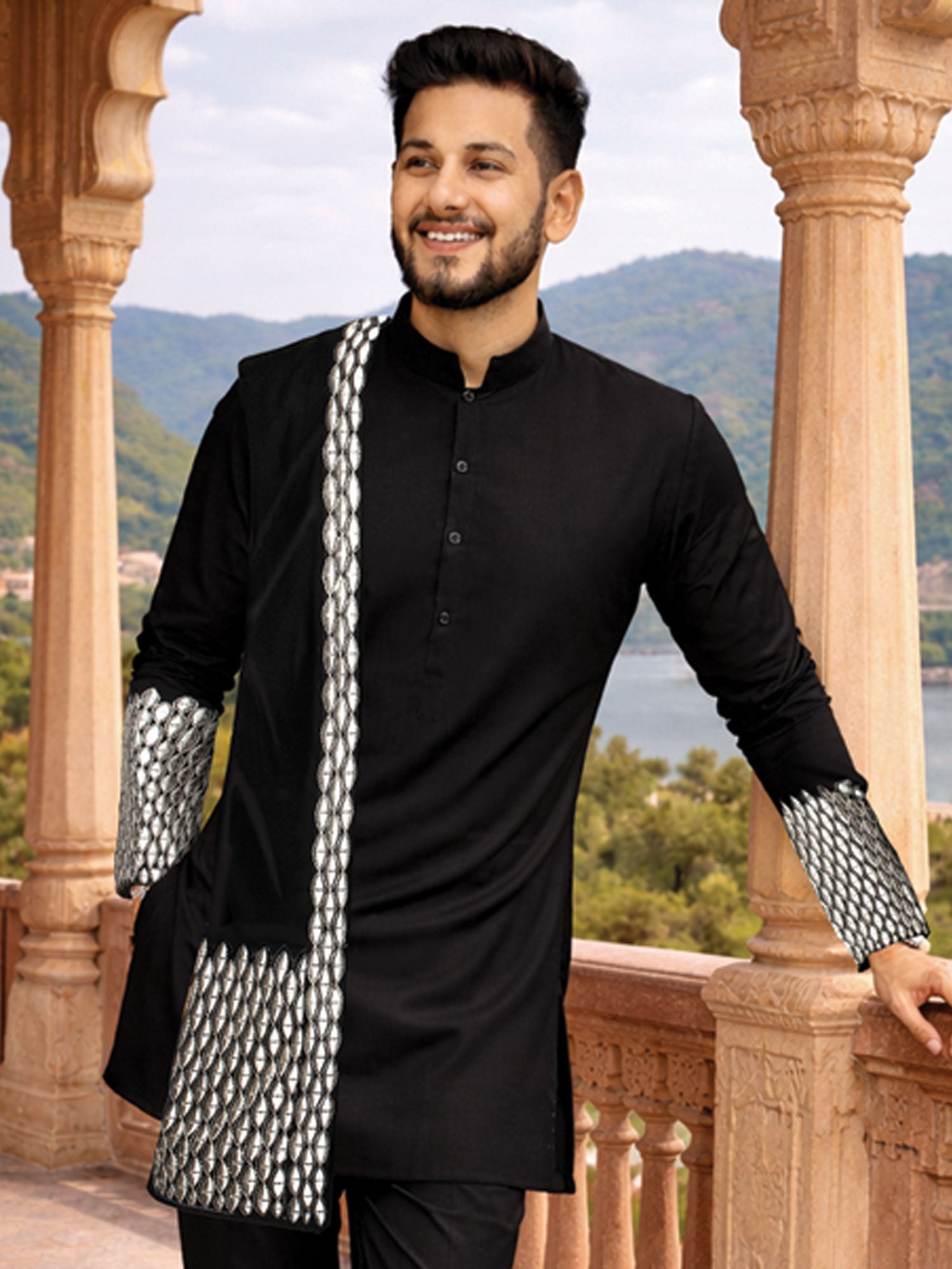 Black Menswear Festive Kurta Pyjama Set