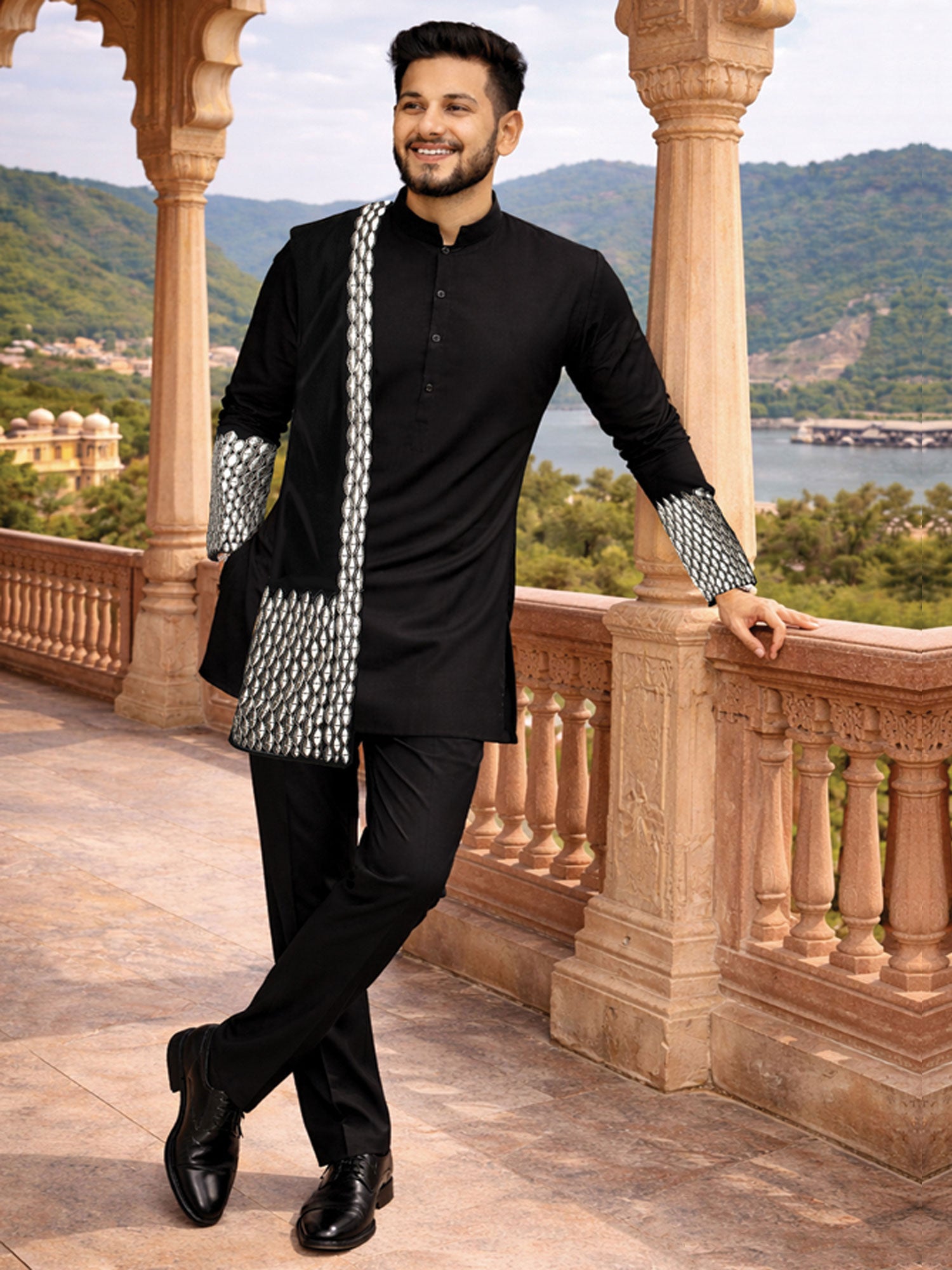Black Menswear Festive Kurta Pyjama Set