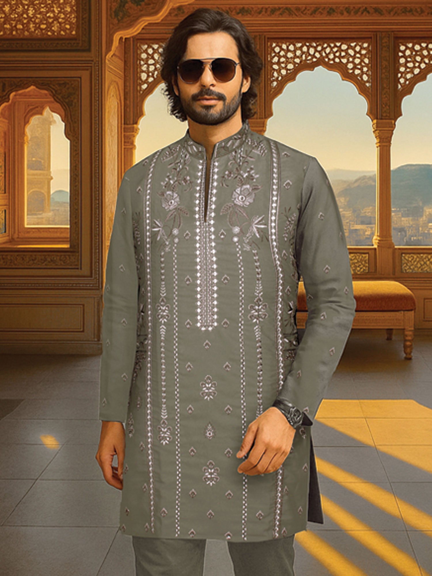 Grey Party Wear Embroidered Men's Kurta Set