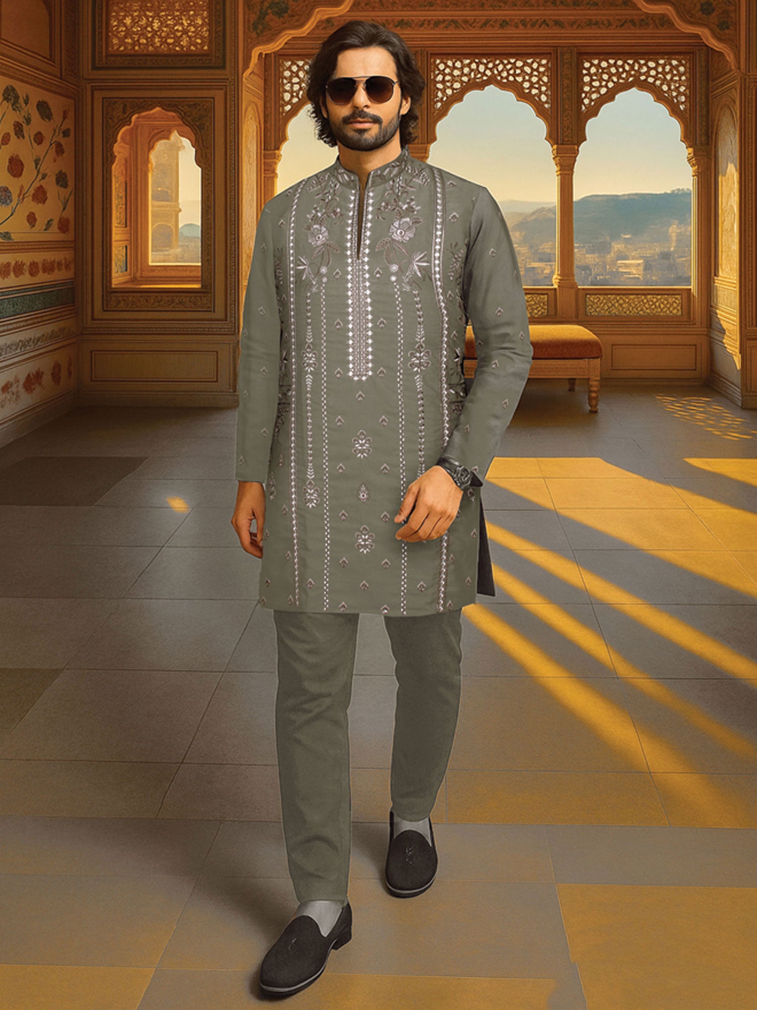 Grey Party Wear Embroidered Men's Kurta Set