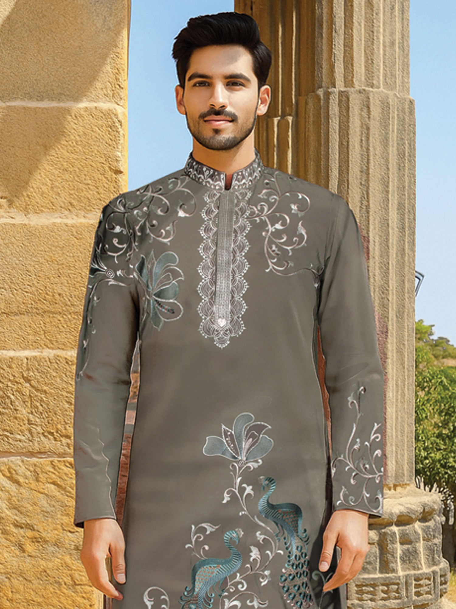 Dark Grey Floral Work Embroidered Kurta Set