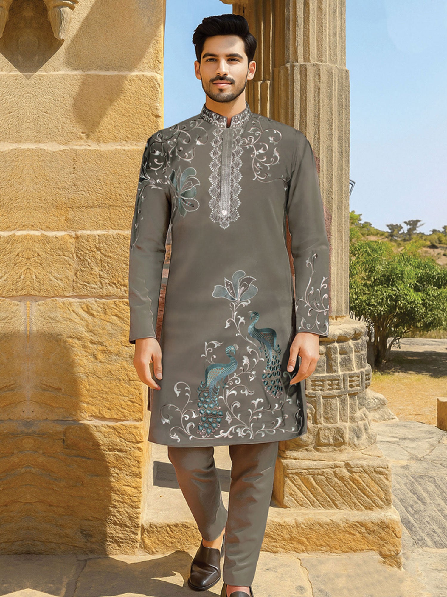 Dark Grey Floral Work Embroidered Kurta Set