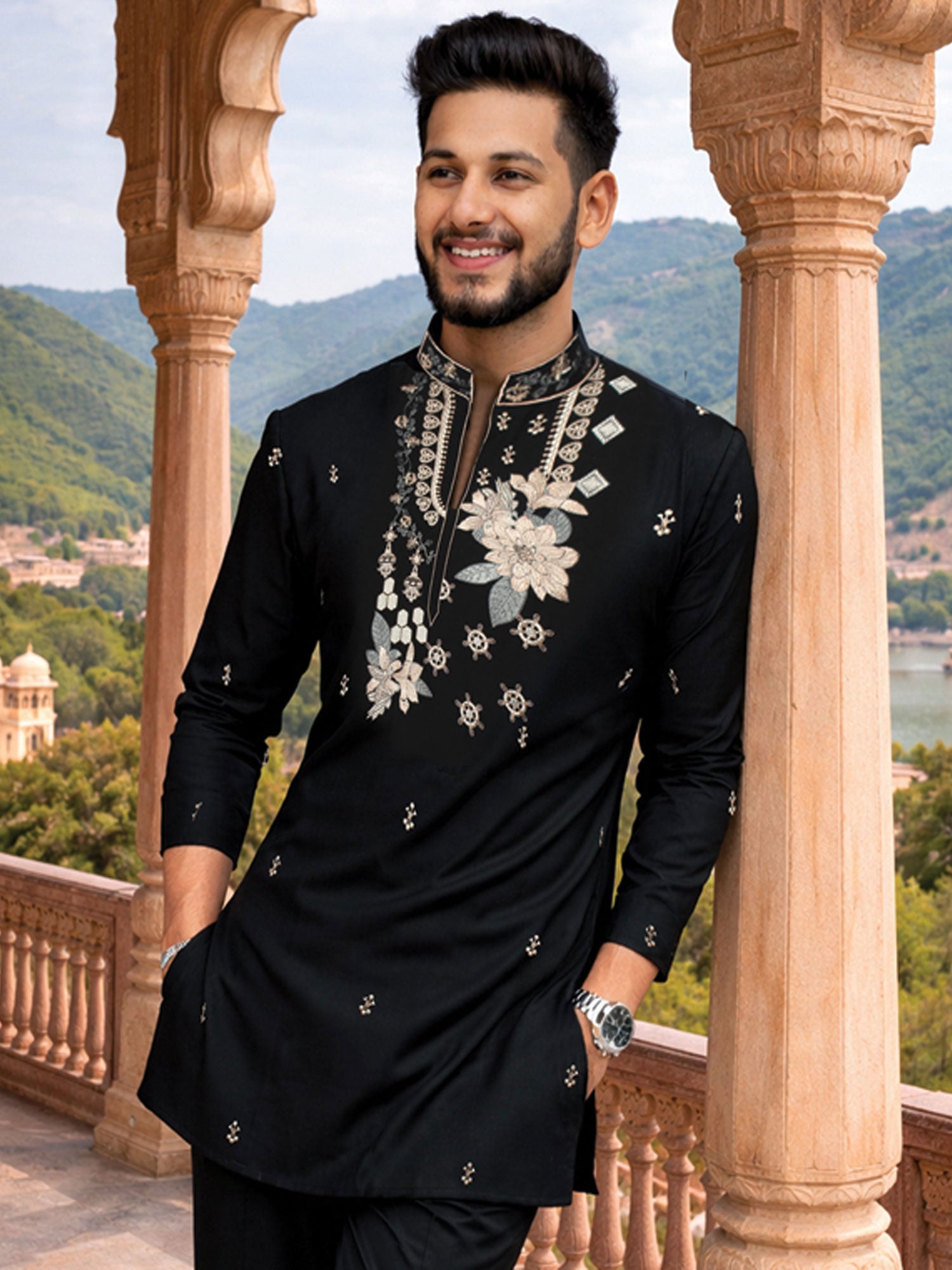 Black Embroidered Men's Readymade Kurta Pyjama