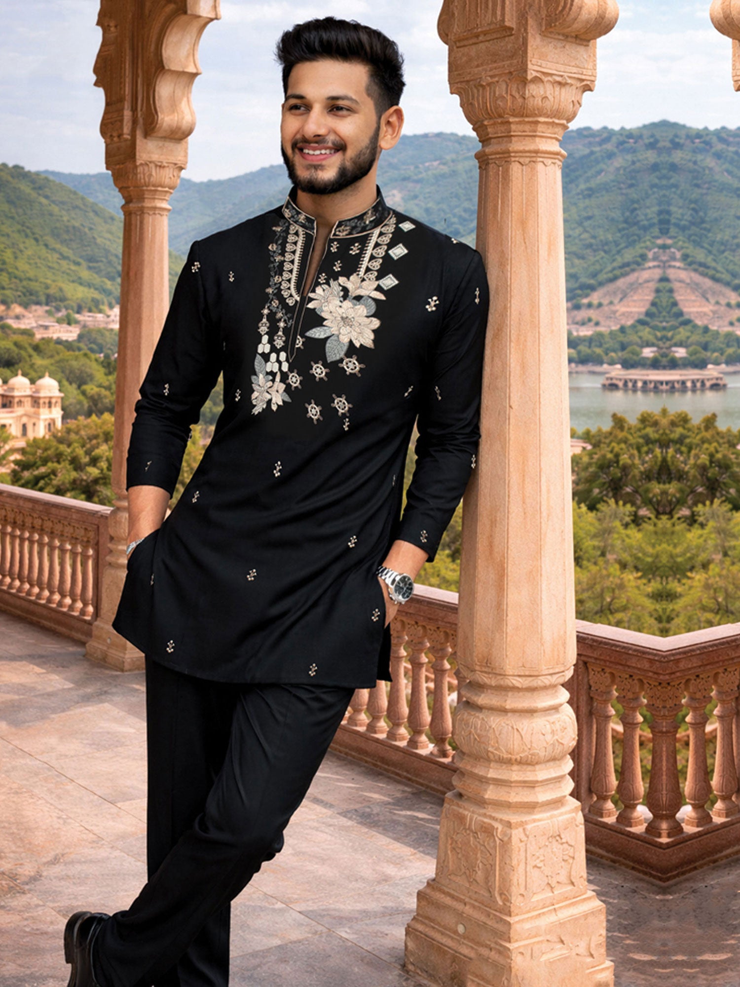 Black Embroidered Men's Readymade Kurta Pyjama