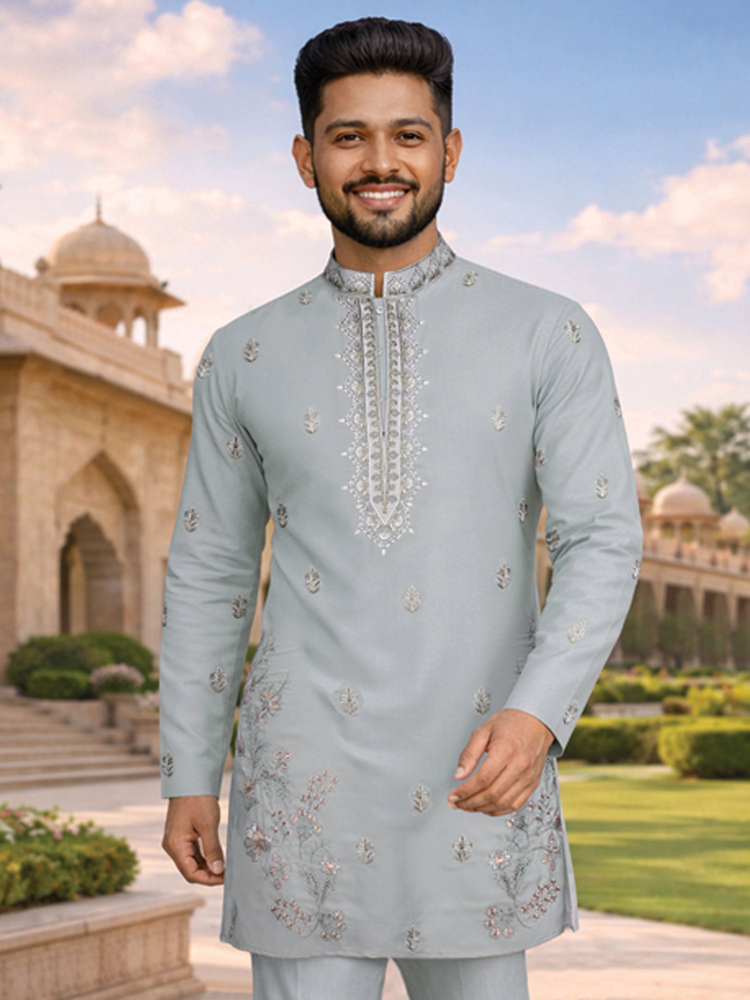 Blue Sequins Work Kurta Set For Mens