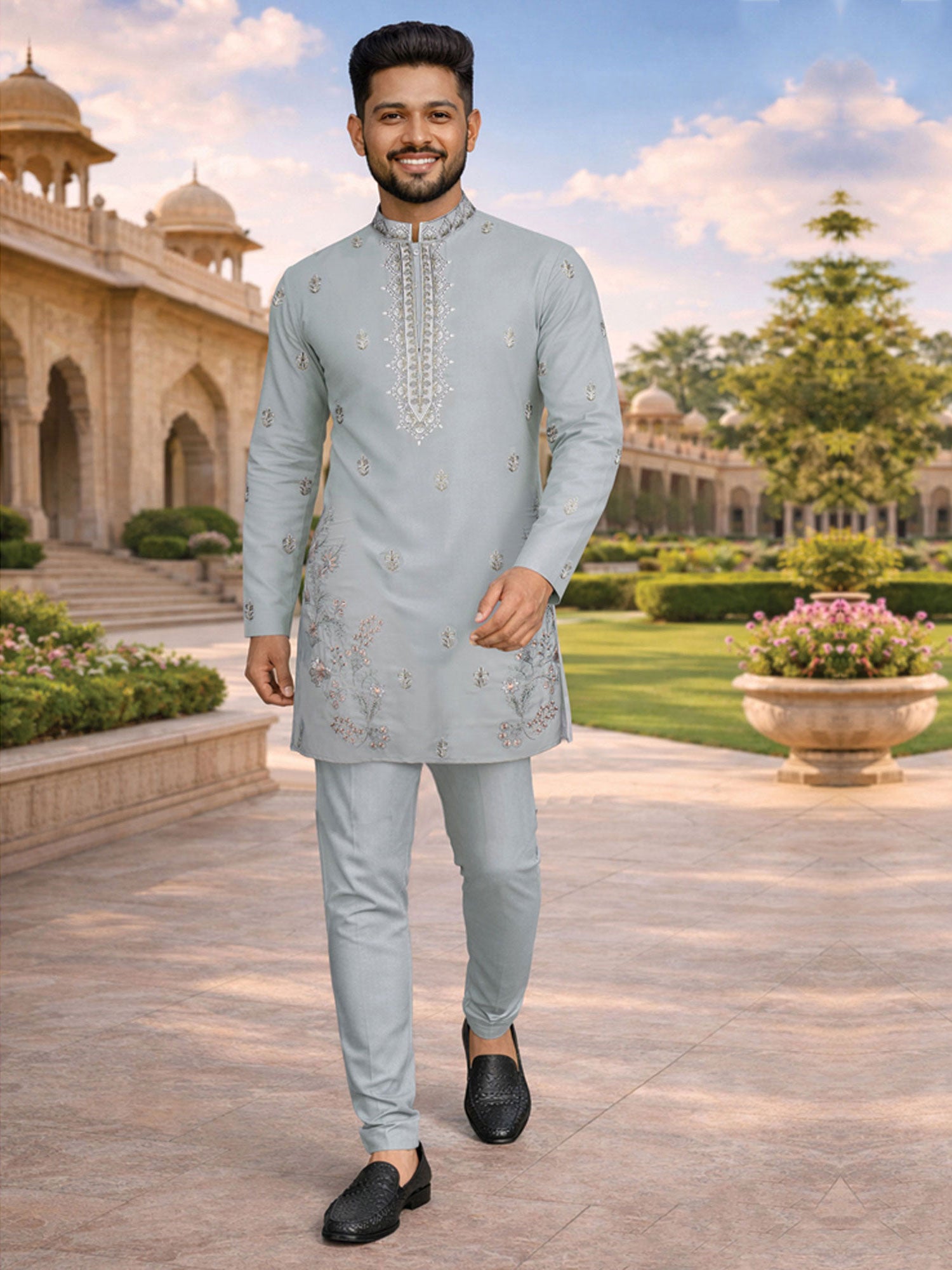Blue Sequins Work Kurta Set For Mens