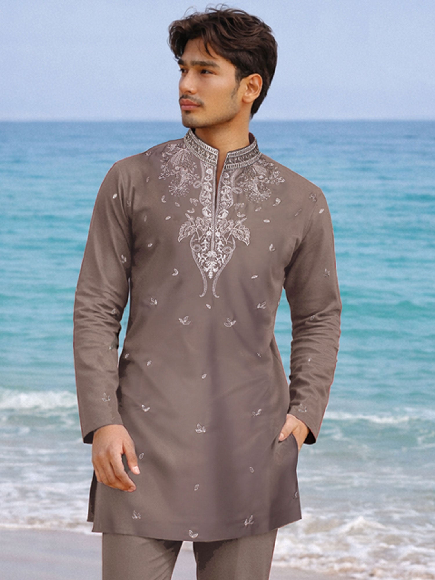 Dark Grey Festive Wear Men's Kurta Pyjama