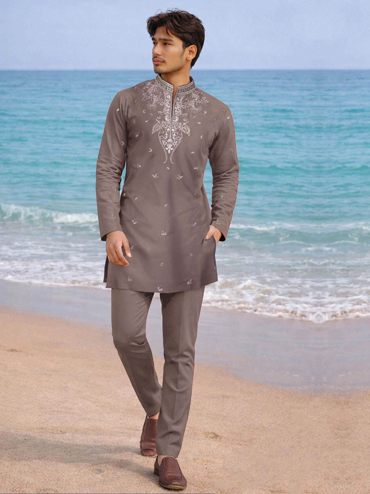 Dark Grey Festive Wear Men's Kurta Pyjama
