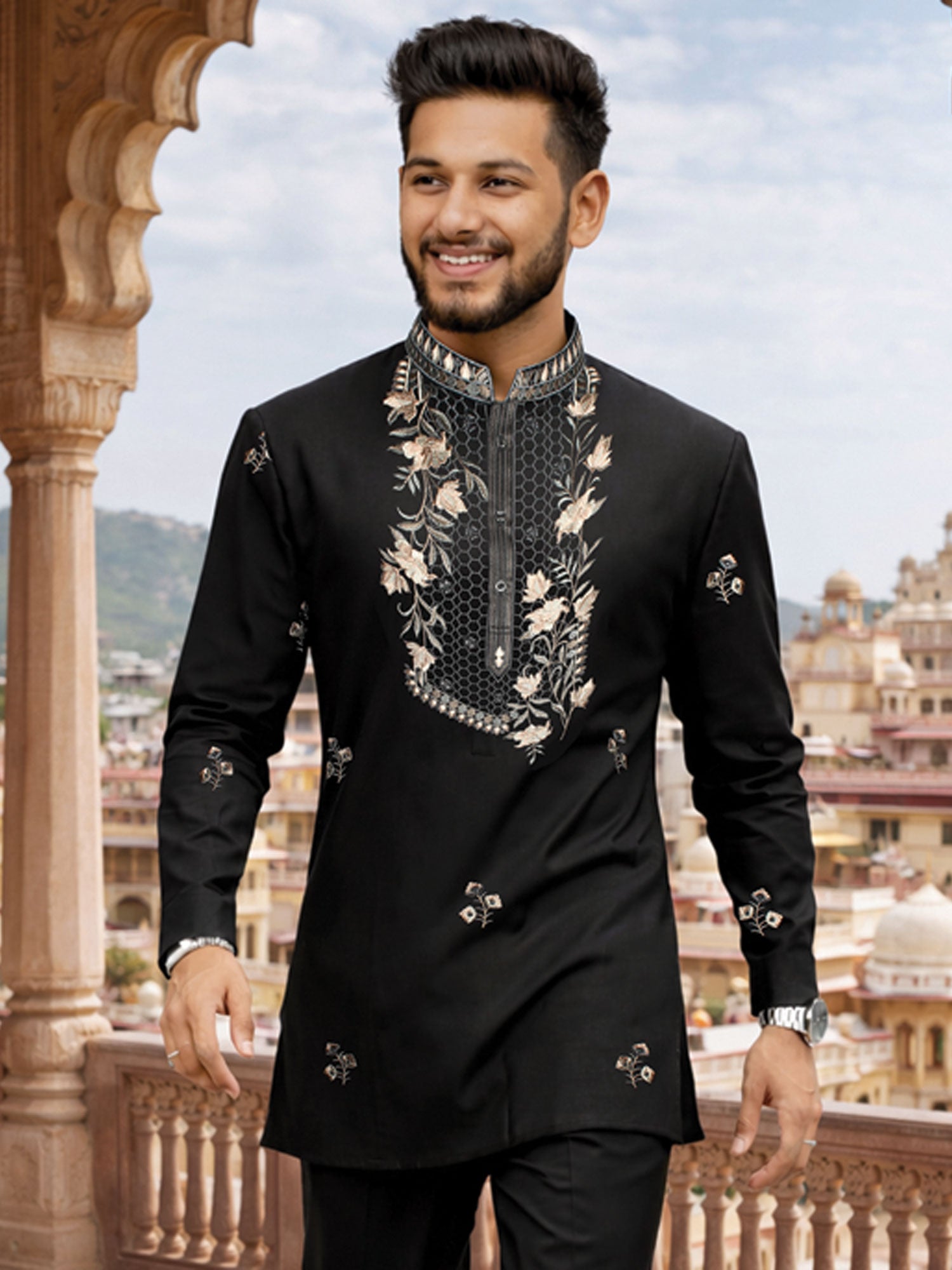 Black Floral Work Embellished Kurta Pyjama