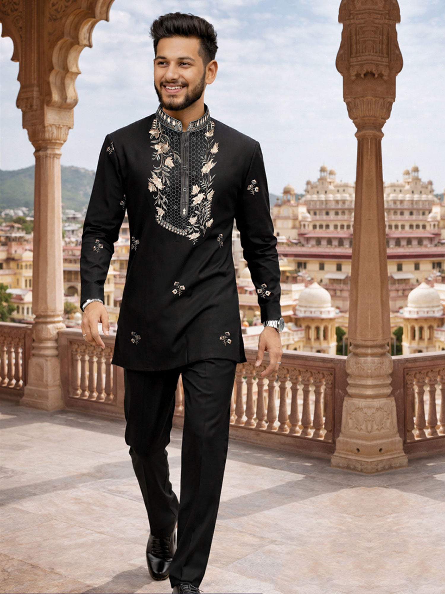 Black Floral Work Embellished Kurta Pyjama