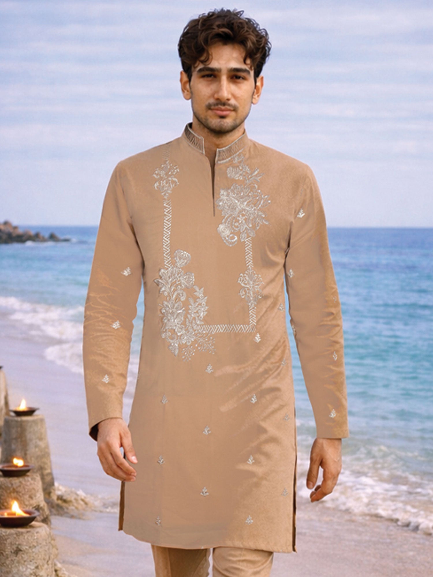 Beige Men's Wear Embroidered Kurta Pyjama