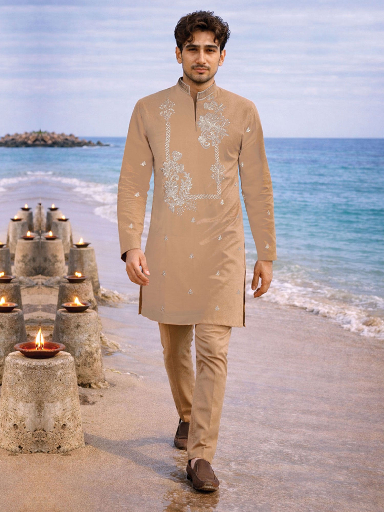 Beige Men's Wear Embroidered Kurta Pyjama