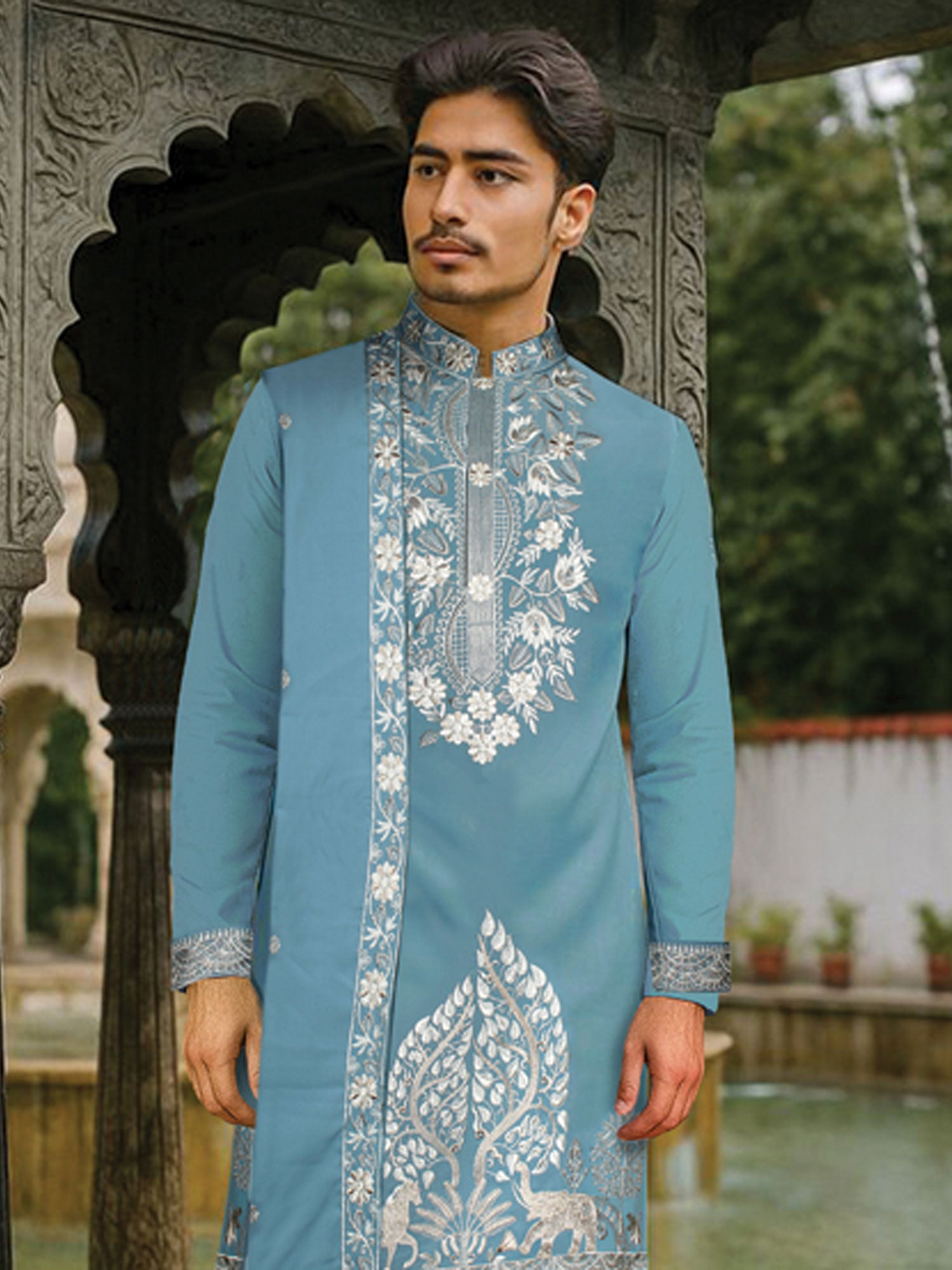 Blue Menswear Kurta Set In Sequins Work