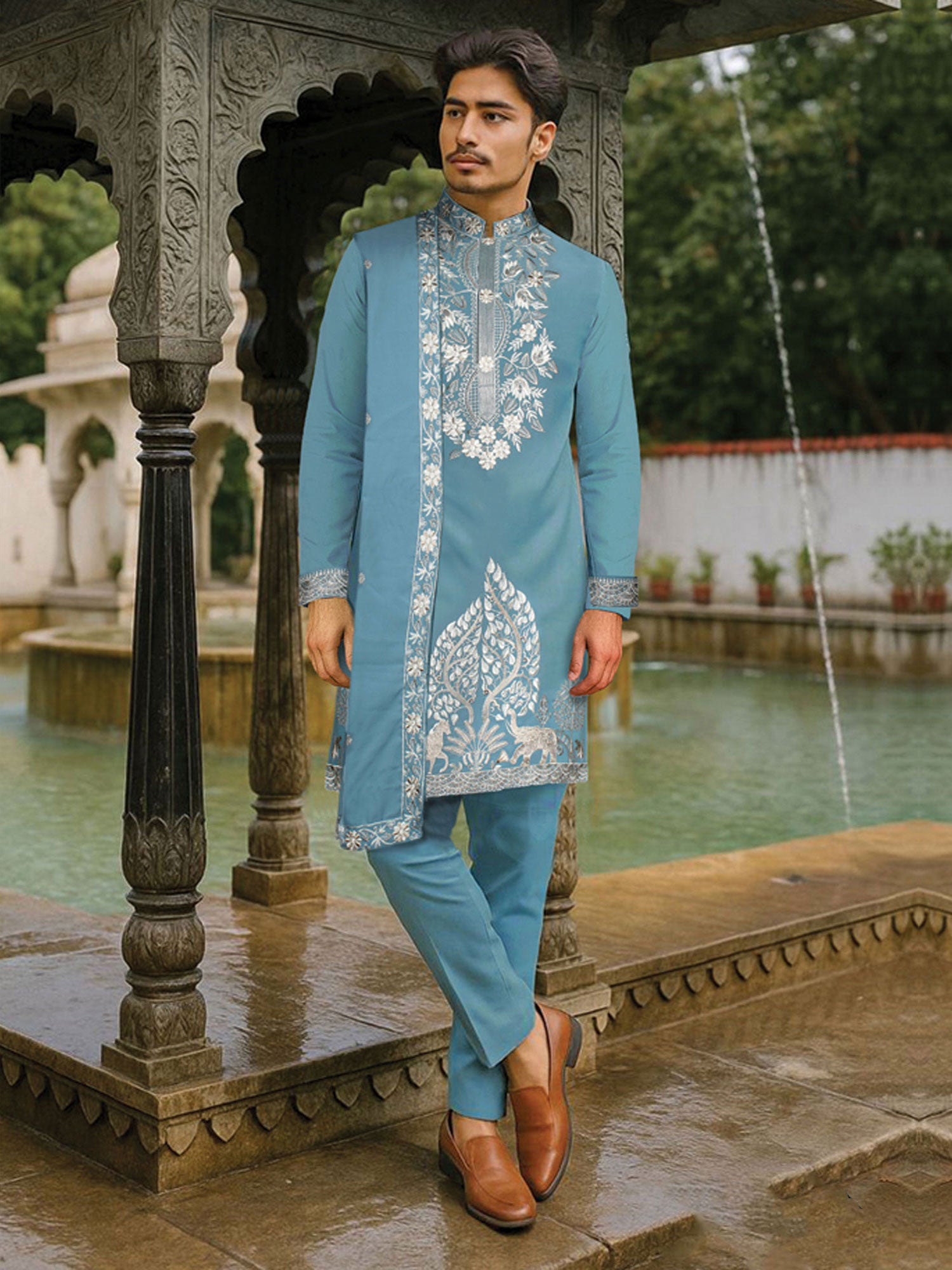 Blue Menswear Kurta Set In Sequins Work