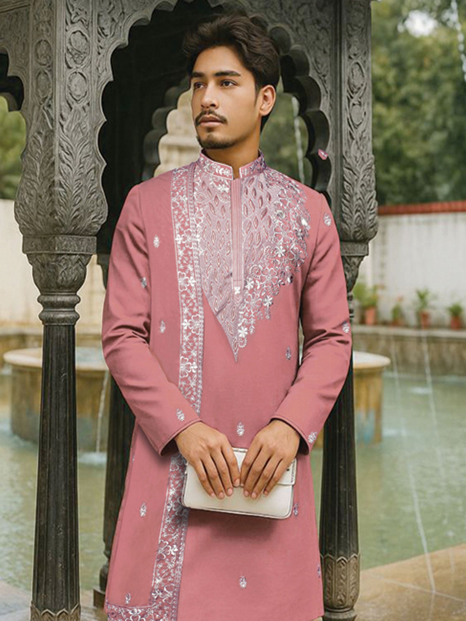 Dusty Pink Men's Kurta Pyjama With Dupatta