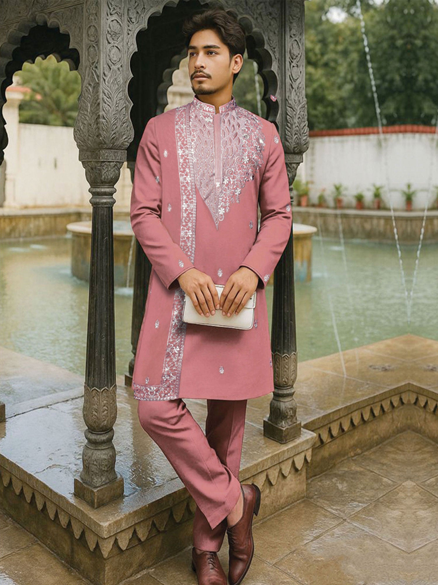 Dusty Pink Men's Kurta Pyjama With Dupatta