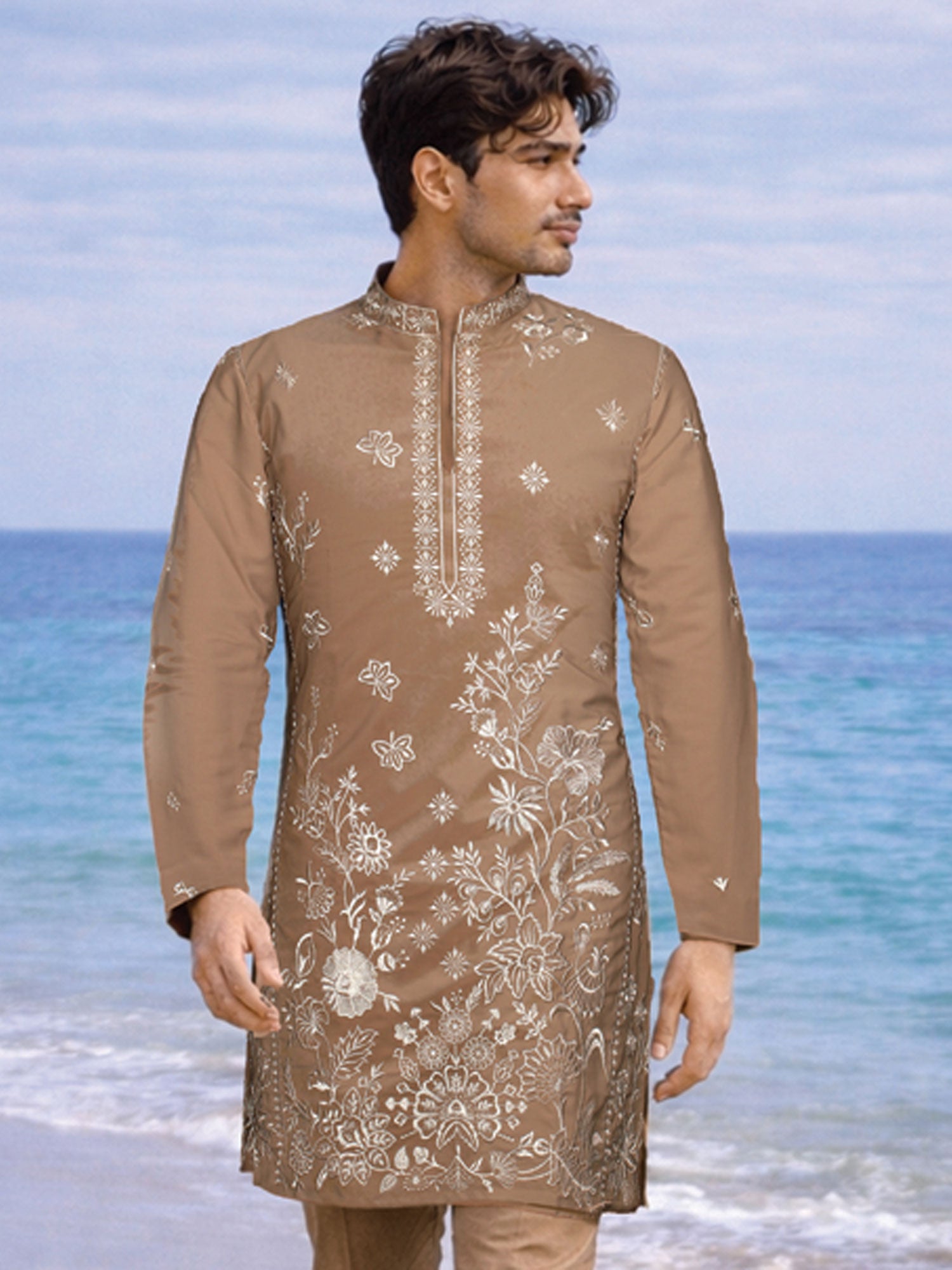 Brown Men's Kurta Set With Sequins Embellishment