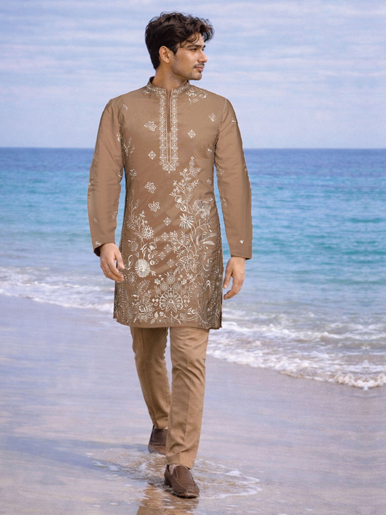 Brown Men's Kurta Set With Sequins Embellishment