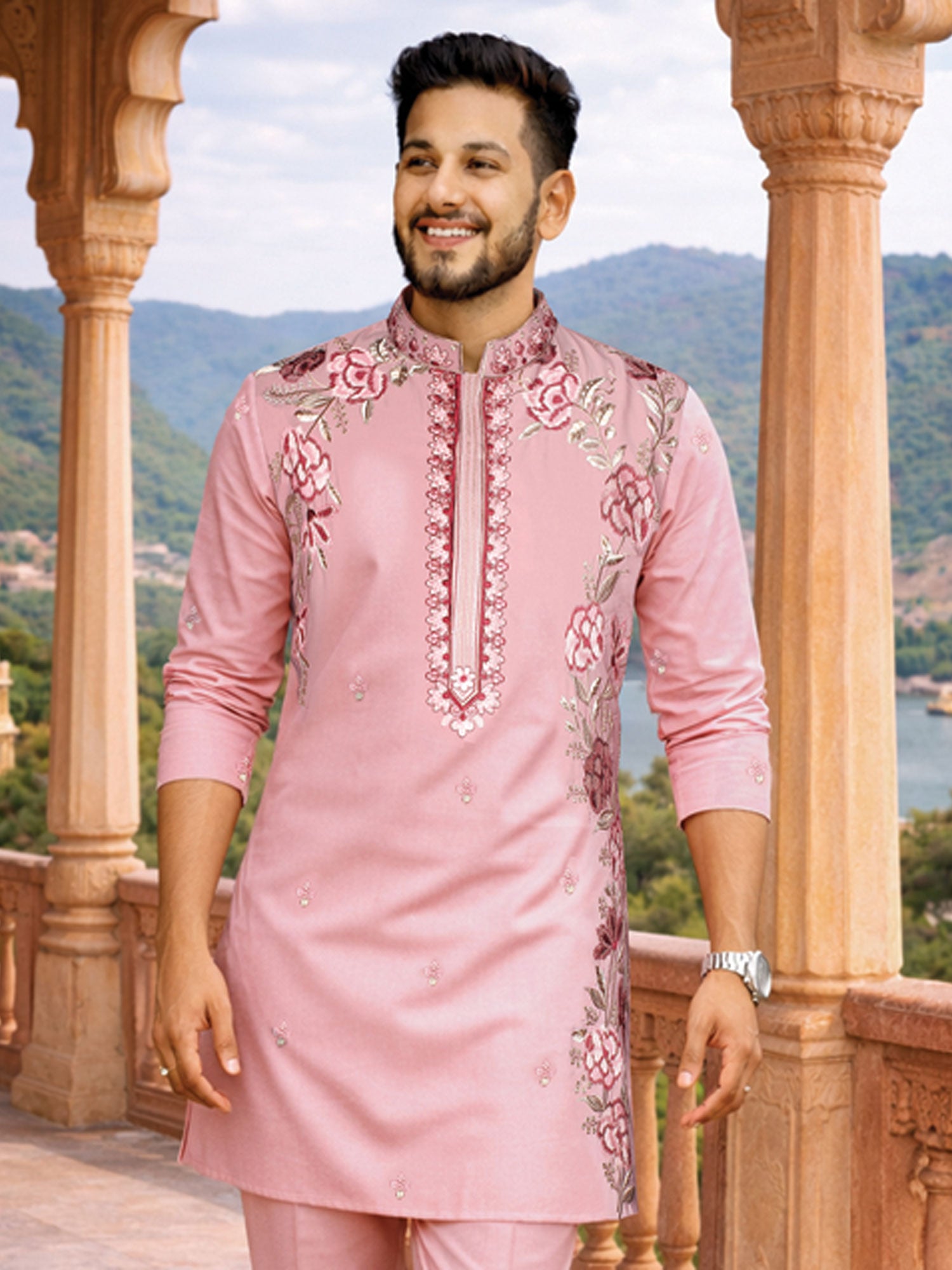 Light Pink Floral Thread Embellished Kurta Set