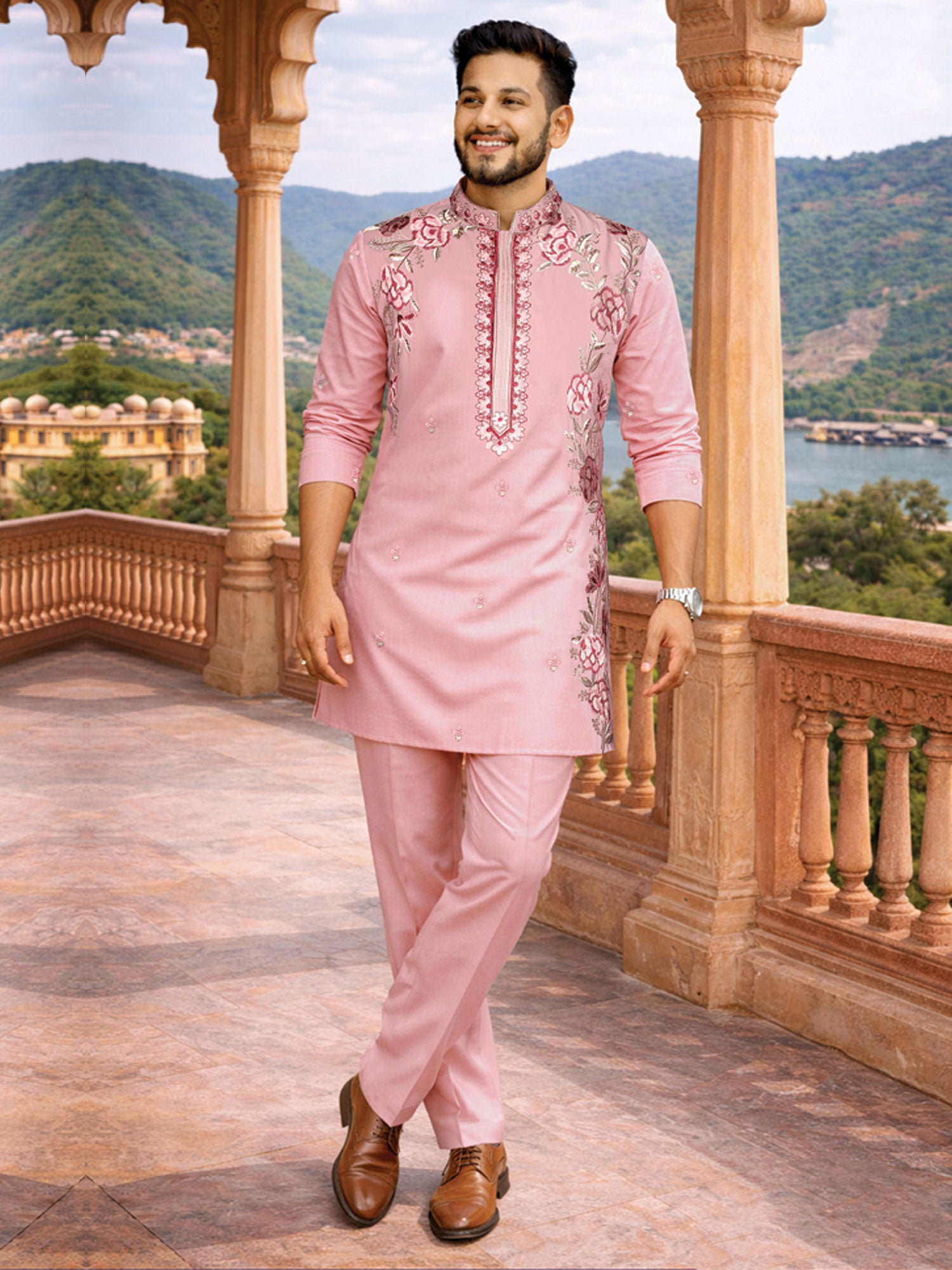 Light Pink Floral Thread Embellished Kurta Set