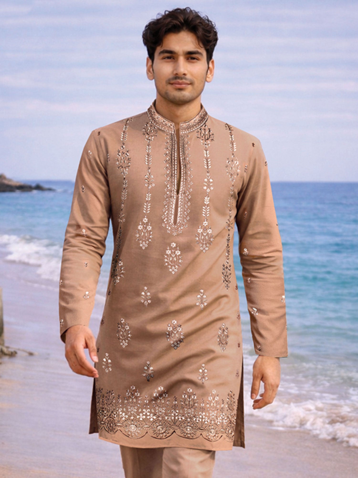 Dark Beige Embroidered Festive Kurta Pyjama