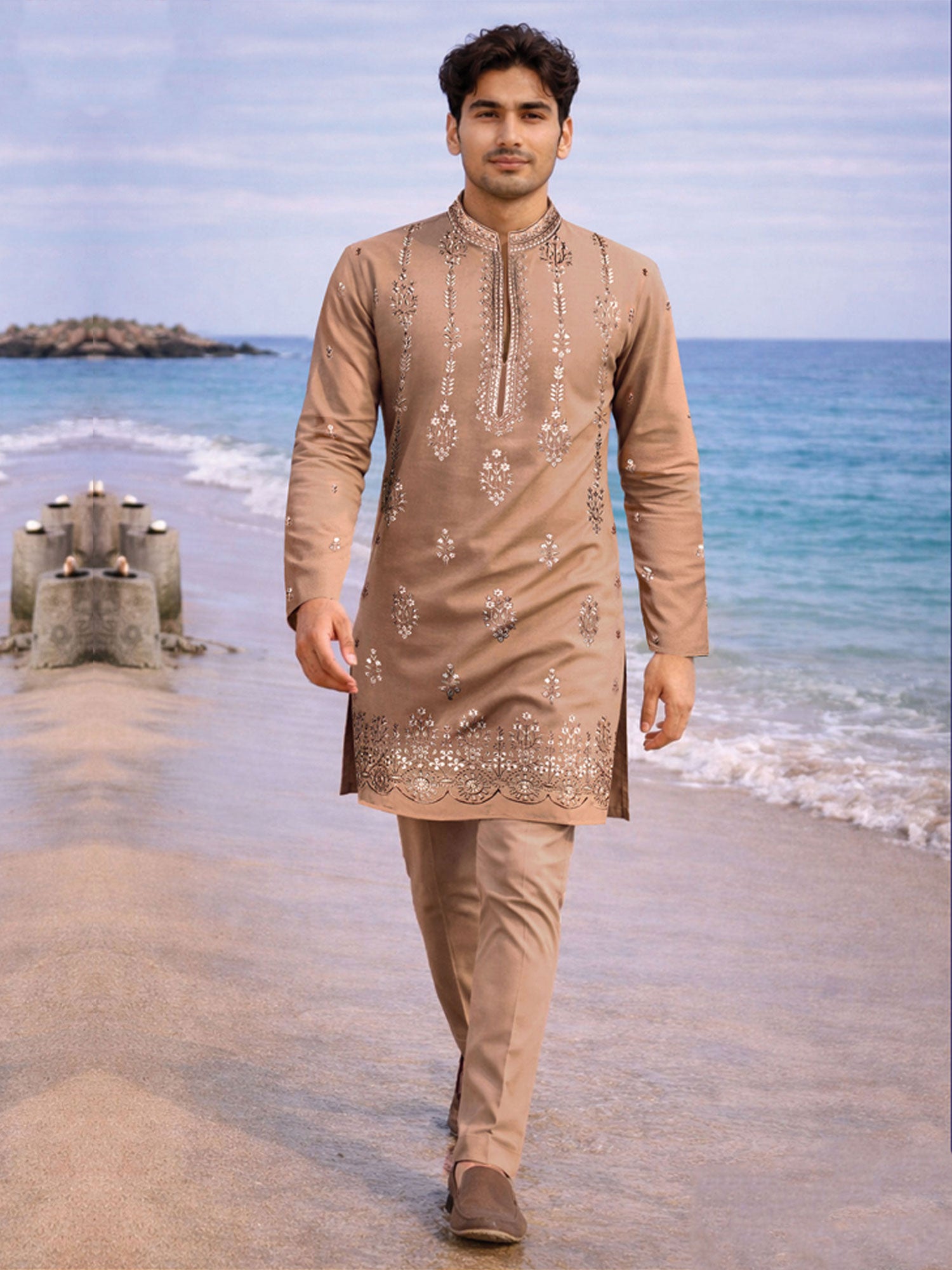Dark Beige Embroidered Festive Kurta Pyjama