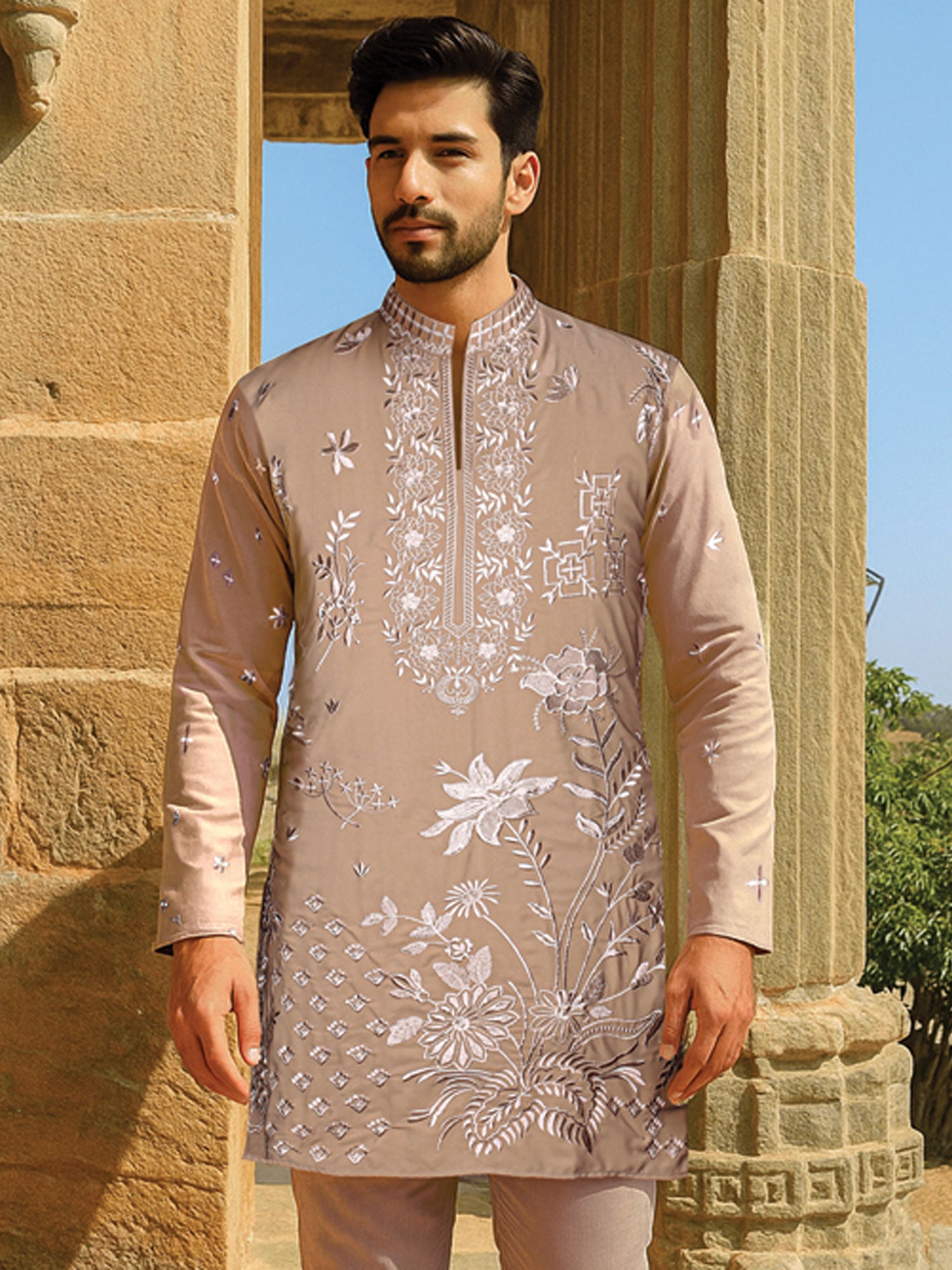 Beige Floral Work Embroidered Kurta Set