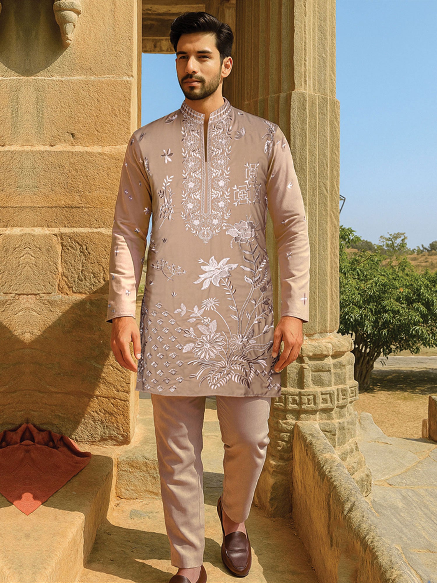 Beige Floral Work Embroidered Kurta Set