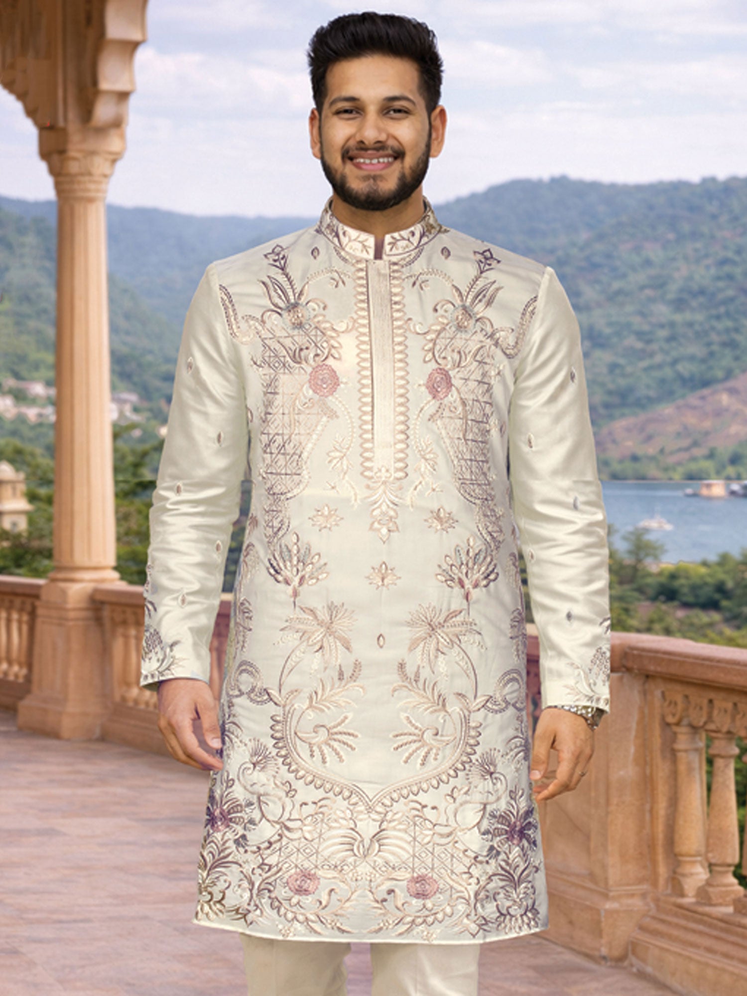 Silver Floral Thread Embroidered Party Kurta Set