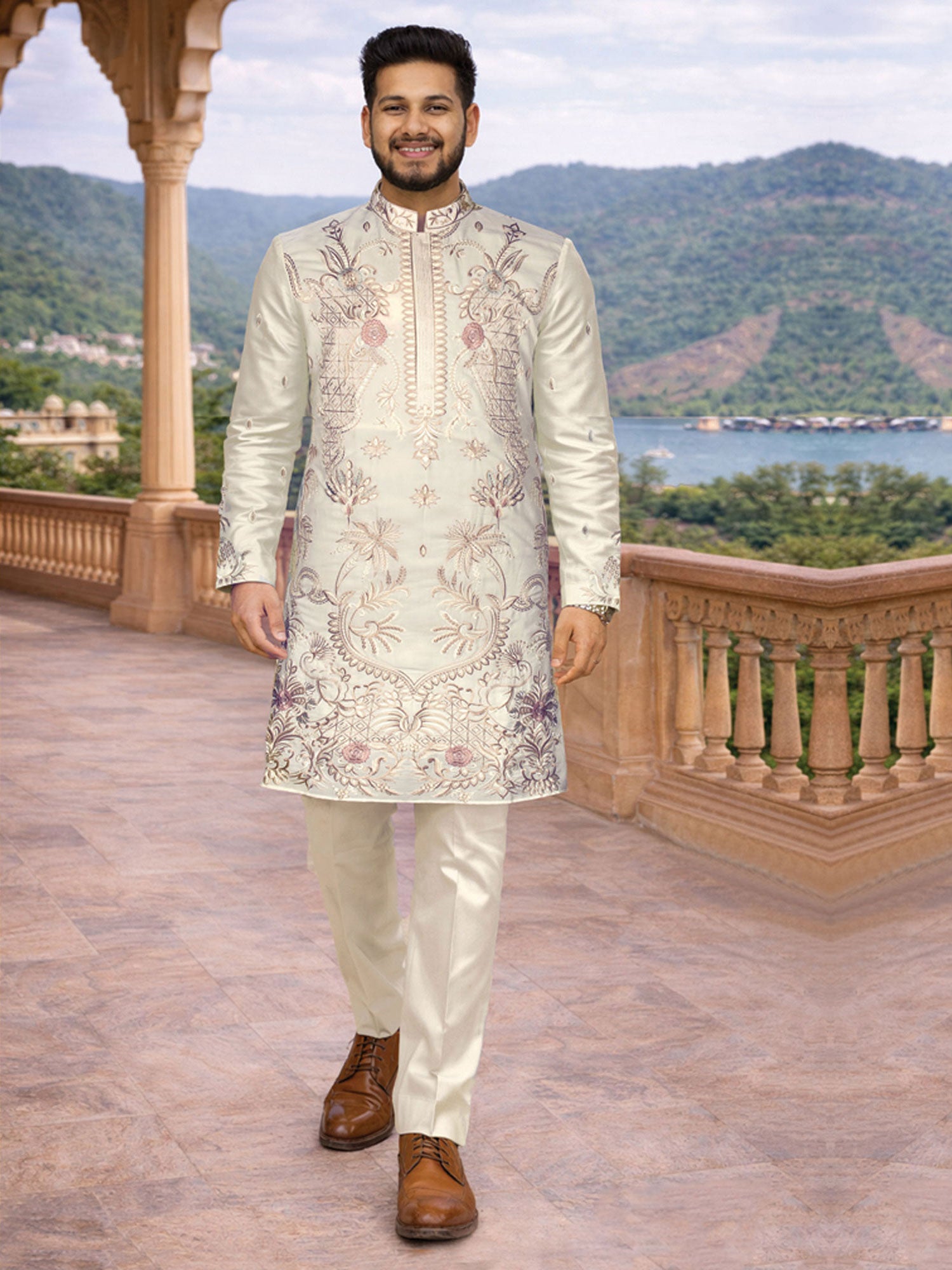 Silver Floral Thread Embroidered Party Kurta Set