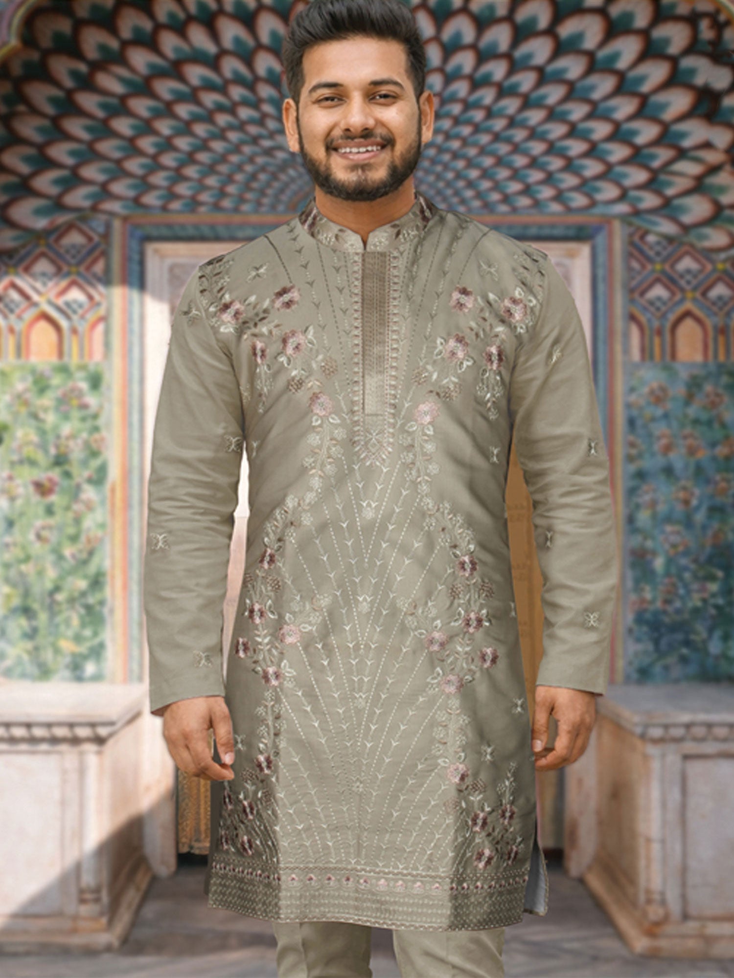 Grey Readymade Kurta Set In Heavy Embroidery