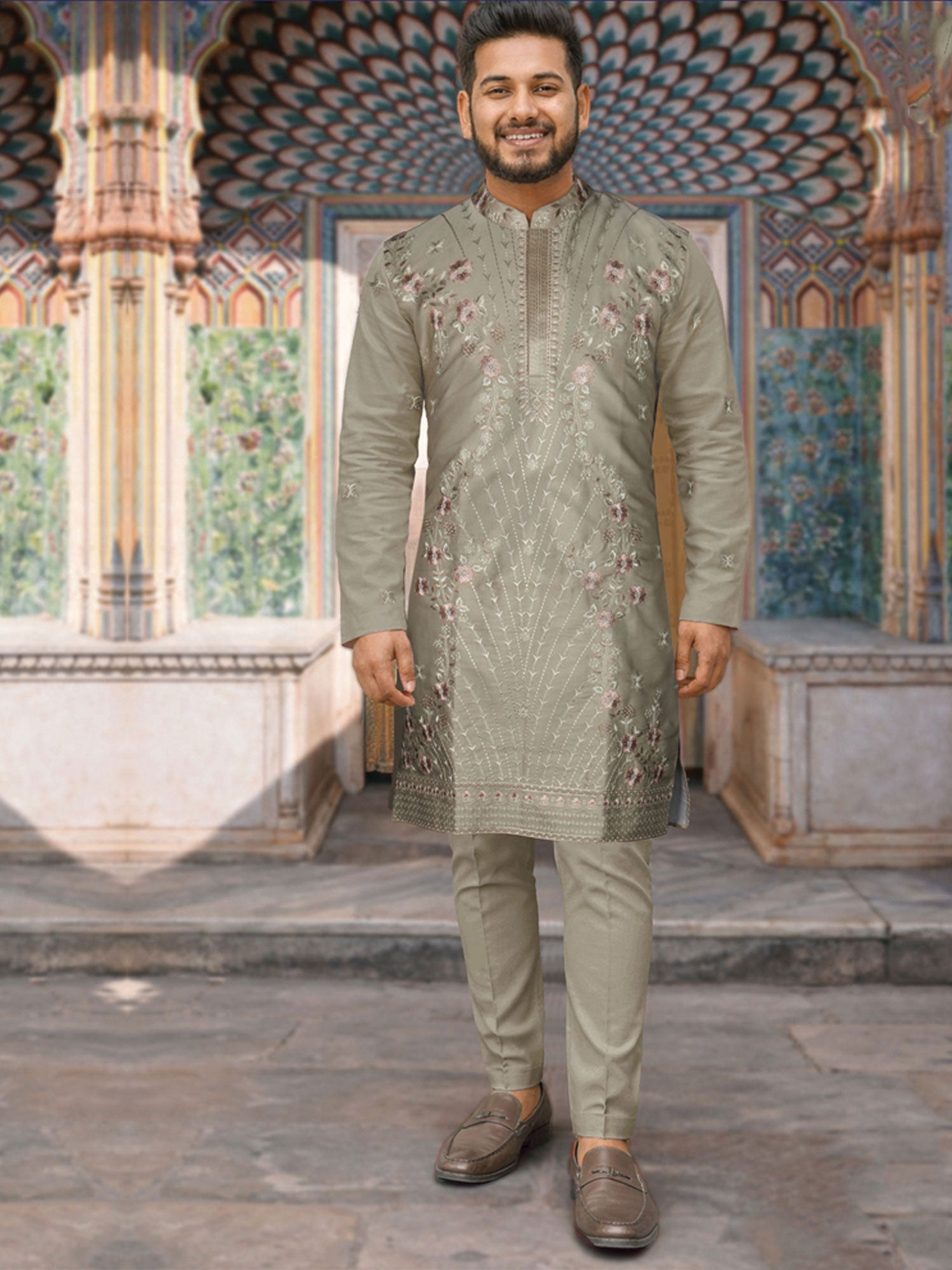 Grey Readymade Kurta Set In Heavy Embroidery