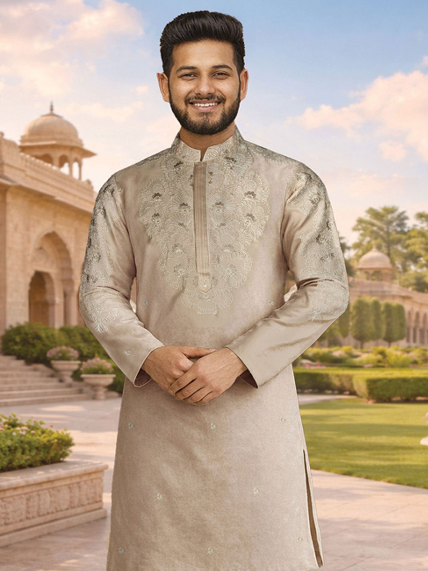 Beige Party Kurta Set In Floral Thread Work