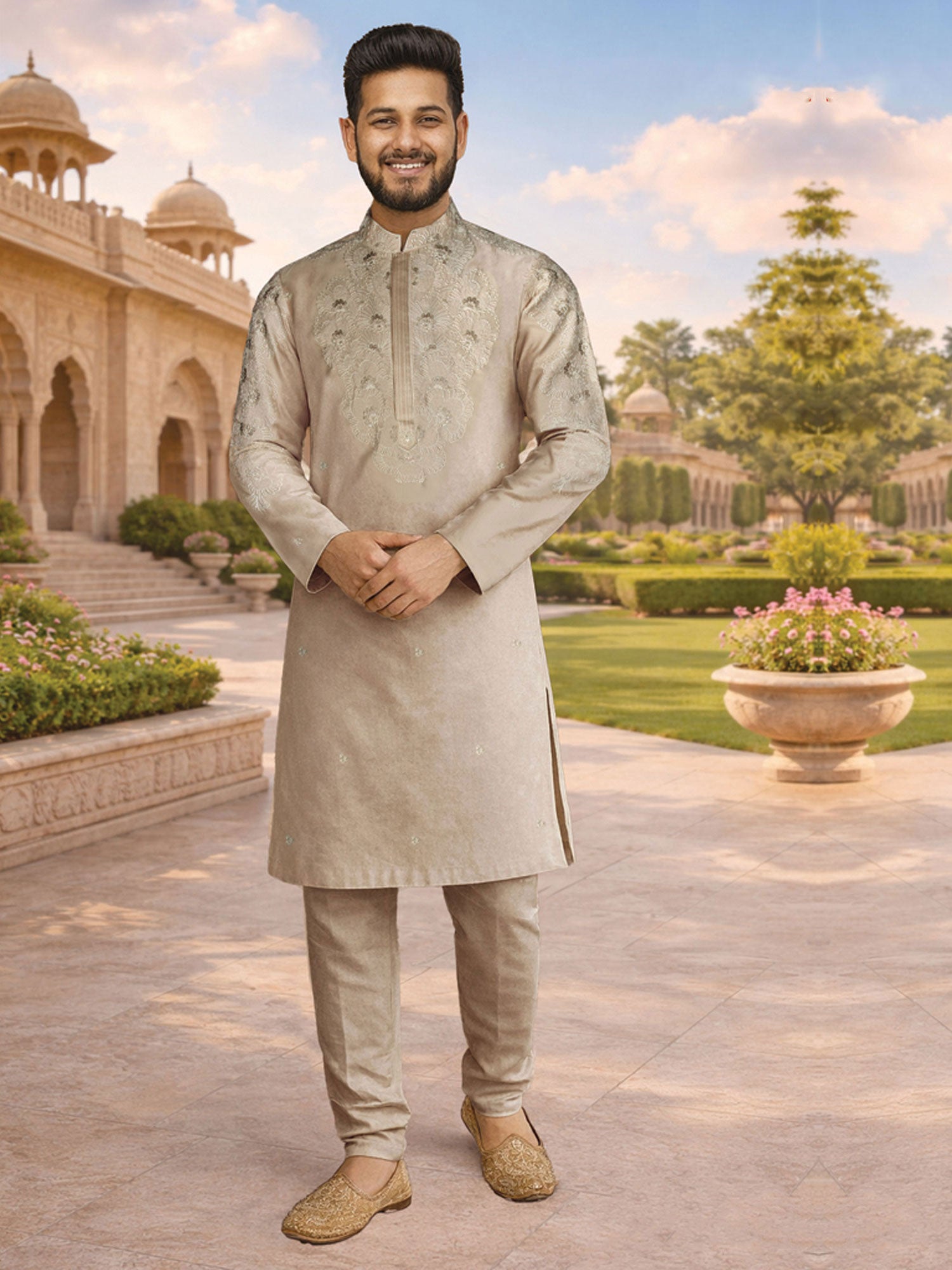 Beige Party Kurta Set In Floral Thread Work