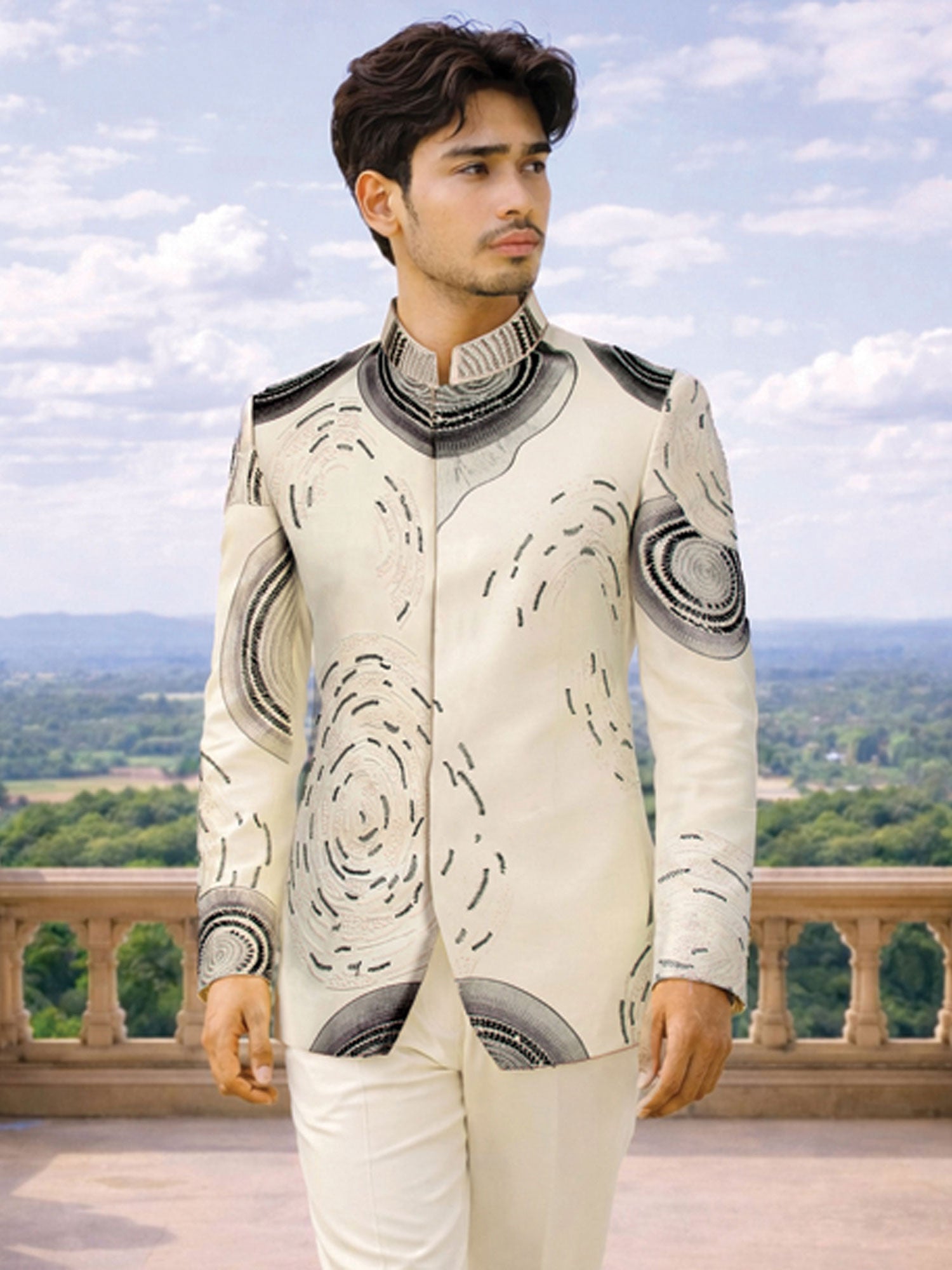 Cream Wedding Wear Men's Bandhgala Suit