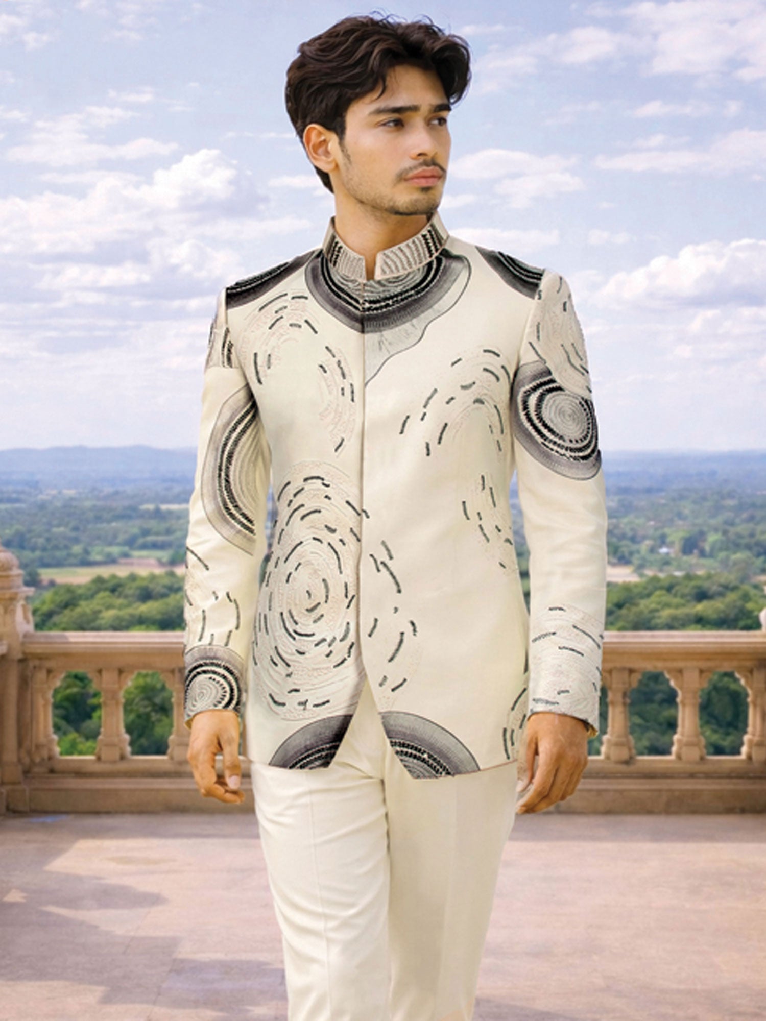 Cream Wedding Wear Men's Bandhgala Suit