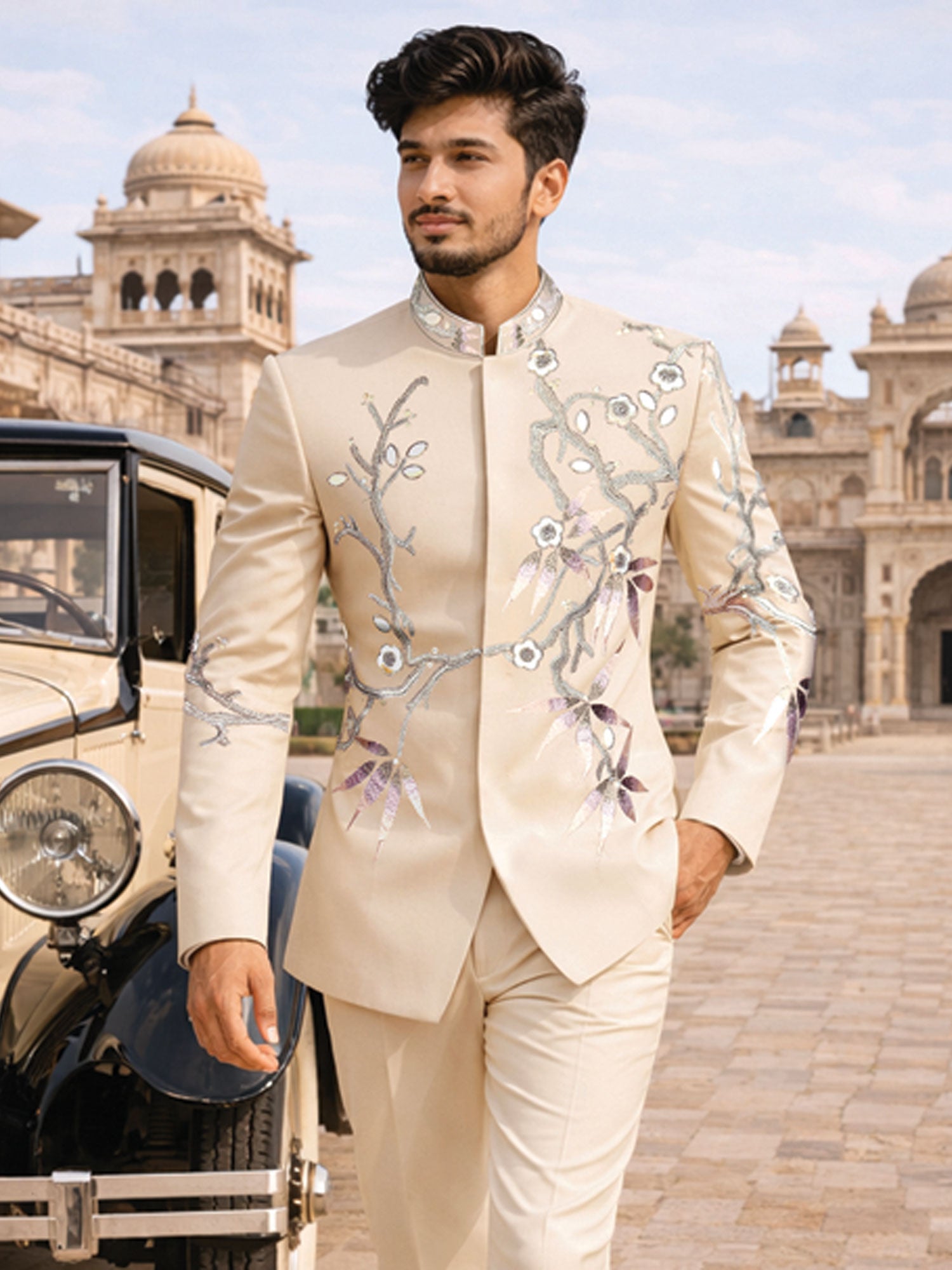 Ivory Cream Floral Embellished Designer Jodhpuri