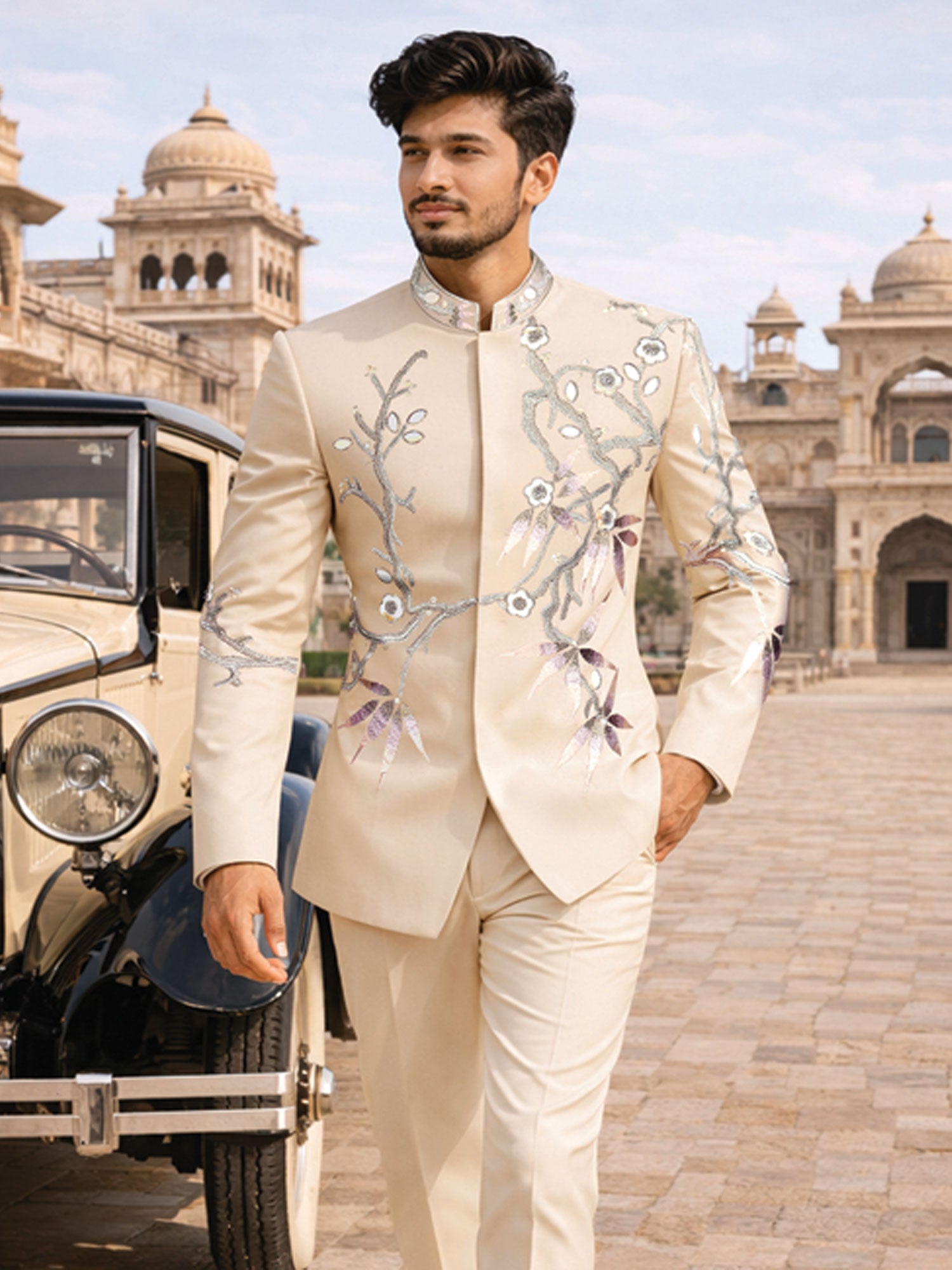 Ivory Cream Floral Embellished Designer Jodhpuri