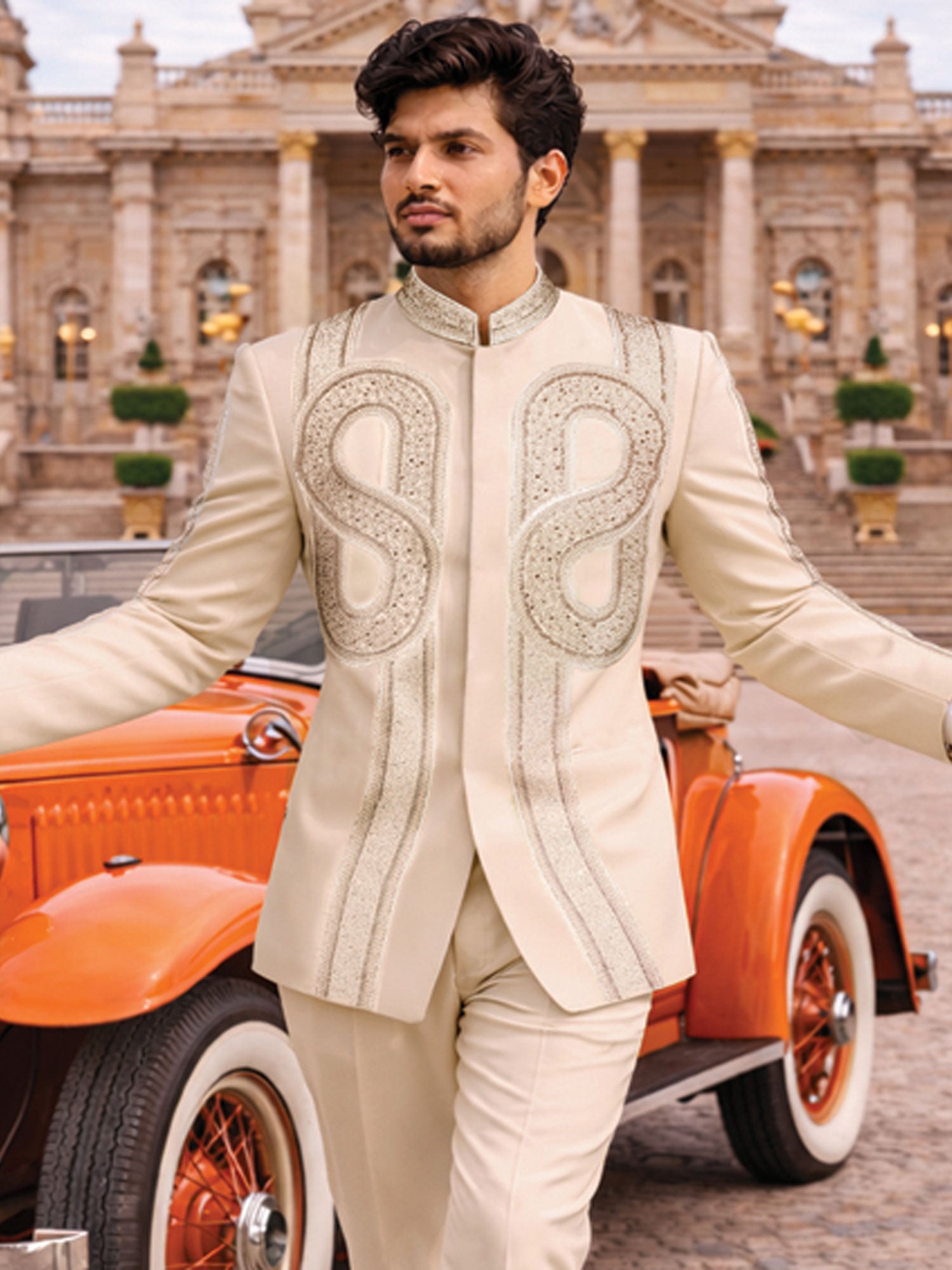 Cream Heavy Embroidered Work Bandhgala Set