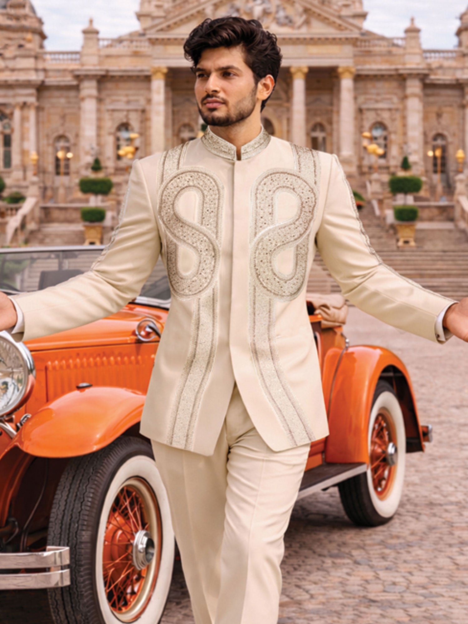 Cream Heavy Embroidered Work Bandhgala Set