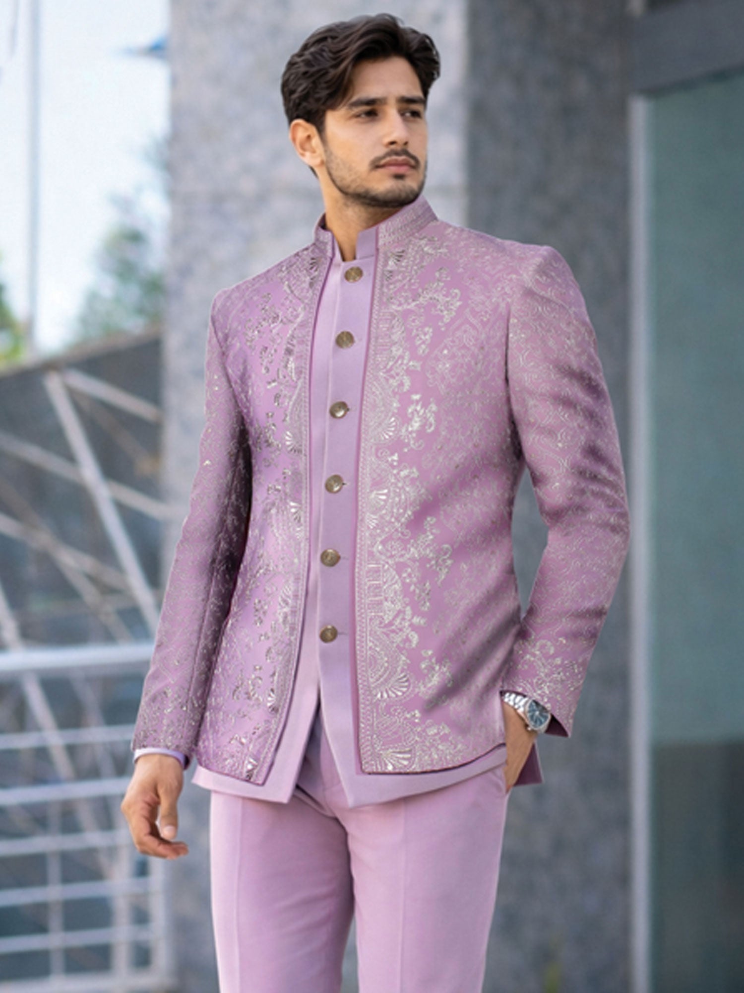 Lilac Sequins Work Jodhpuri Set With Jacket