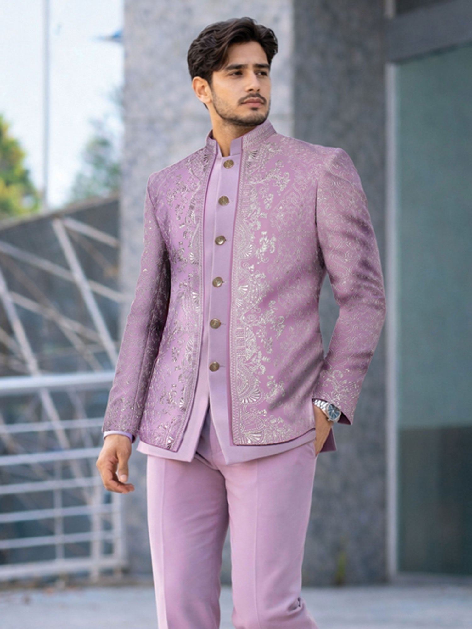 Lilac Sequins Work Jodhpuri Set With Jacket