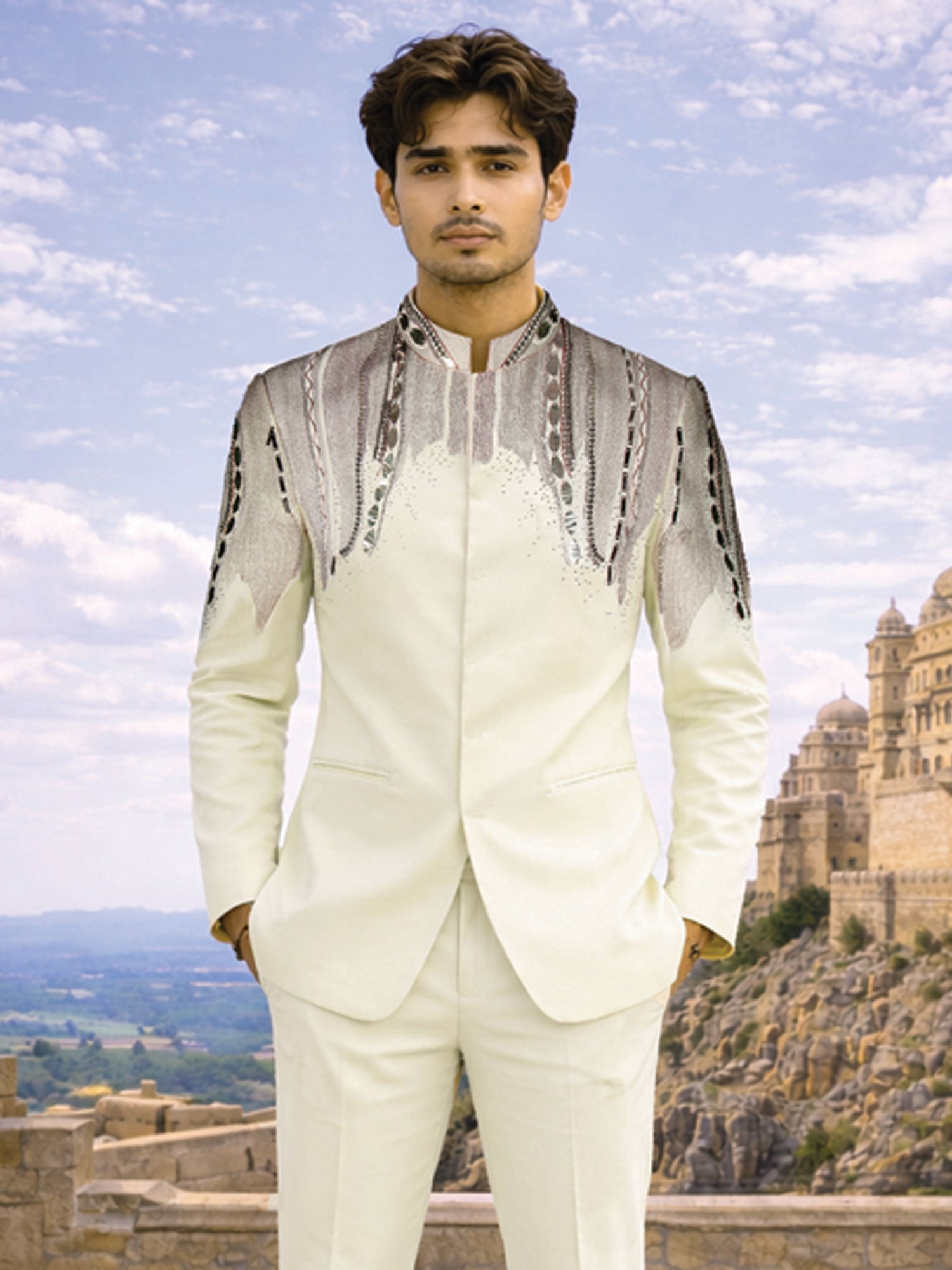 Off White Wedding Wear Bandhgala Suit Set
