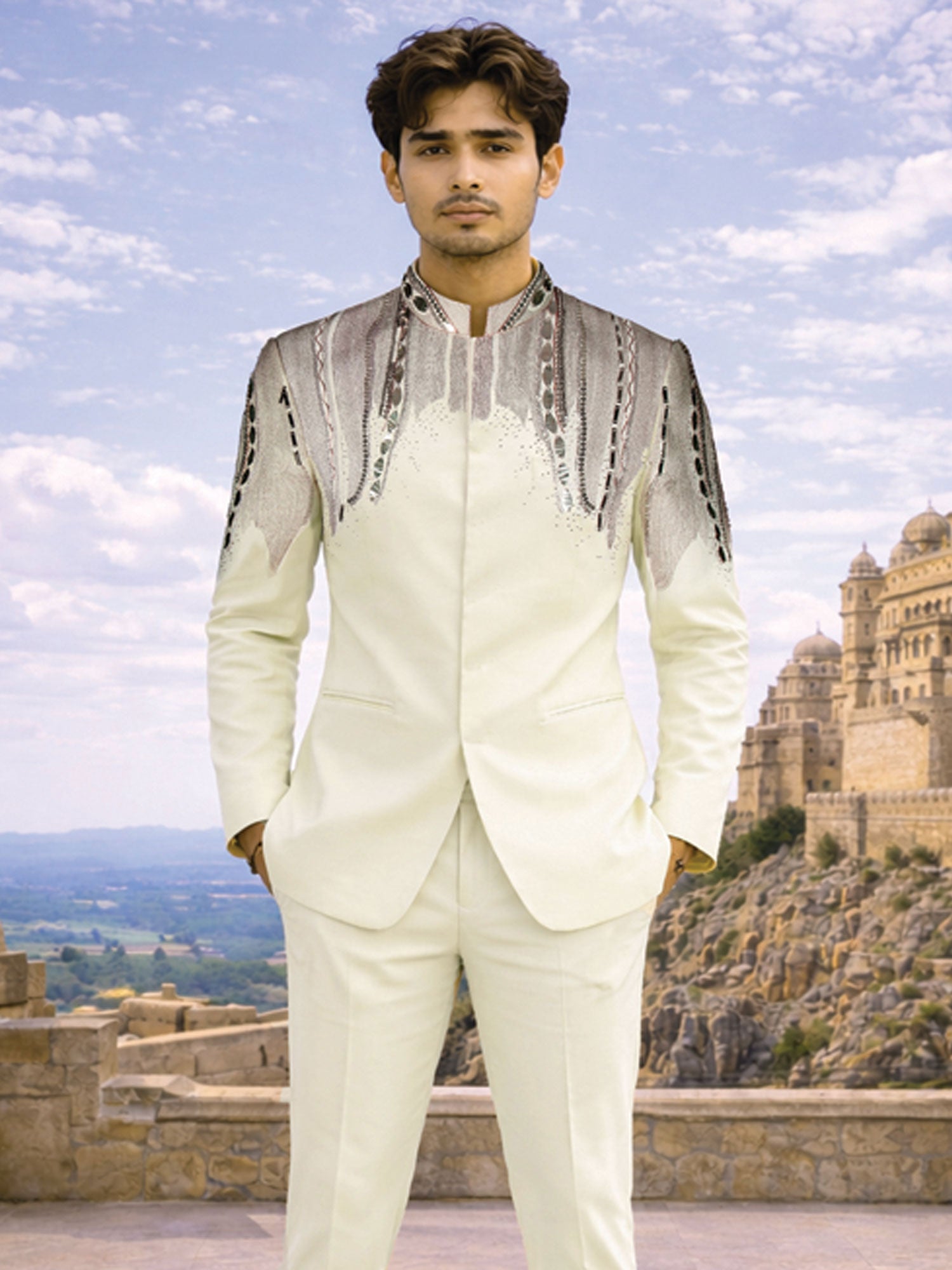 Off White Wedding Wear Bandhgala Suit Set