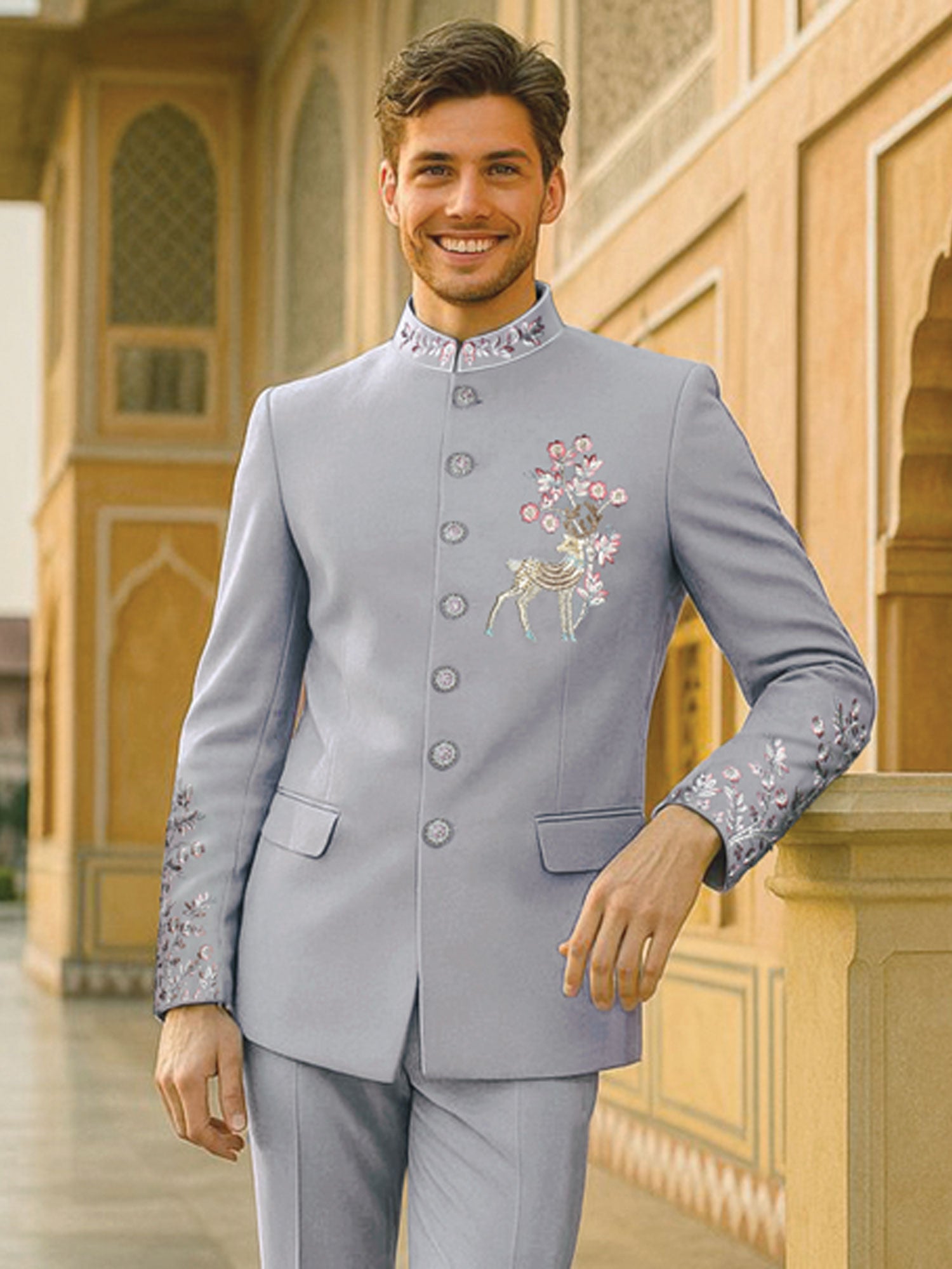 Blue Floral Thread Work Bandhgala Set